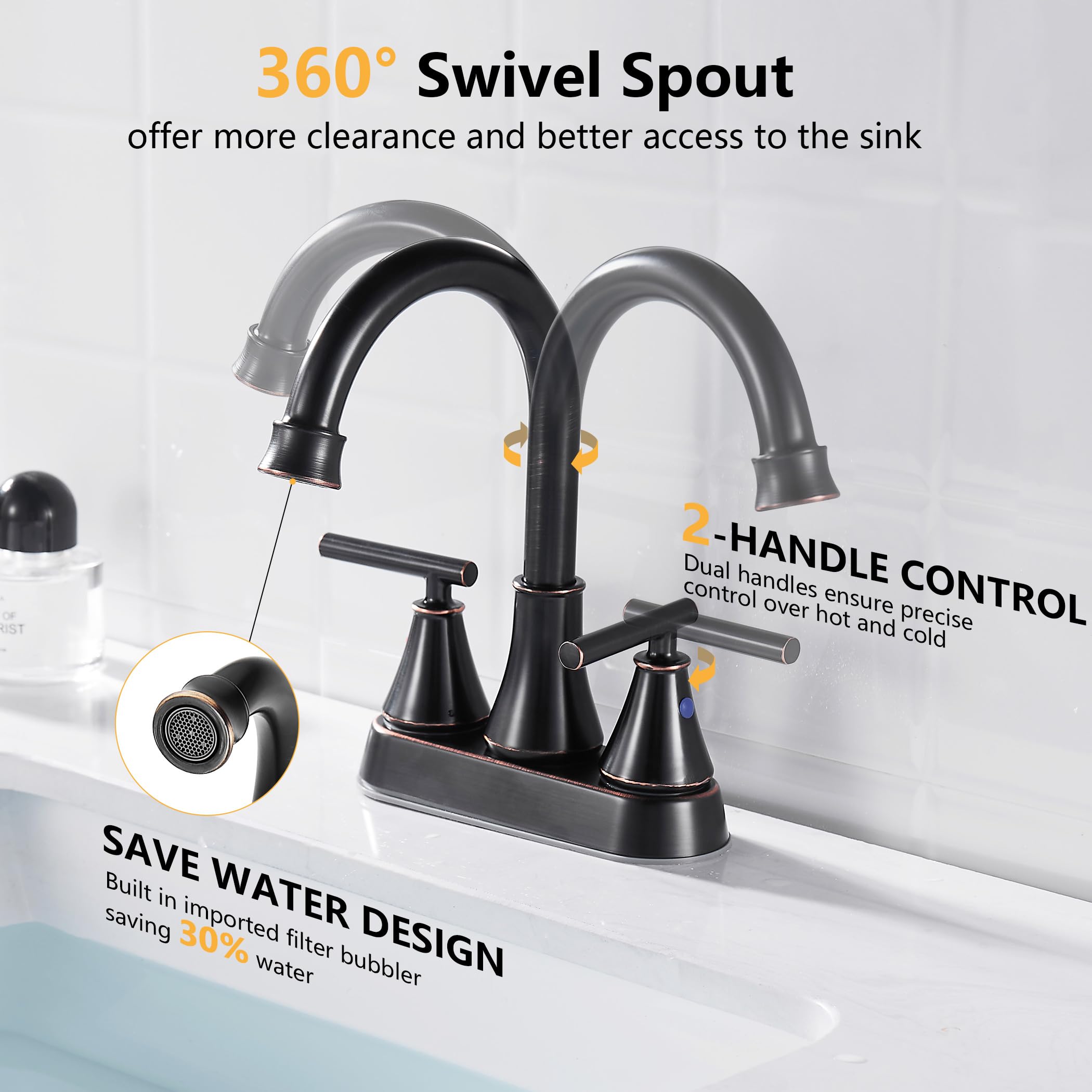 Bathroom Sink Faucet 4 Inch 2 Handle Centerset Oil Rubbed Bronze Lead-Free Modern Bathroom Faucet Vanity Faucet with Pop-up Drain Stopper and Supply Hoses