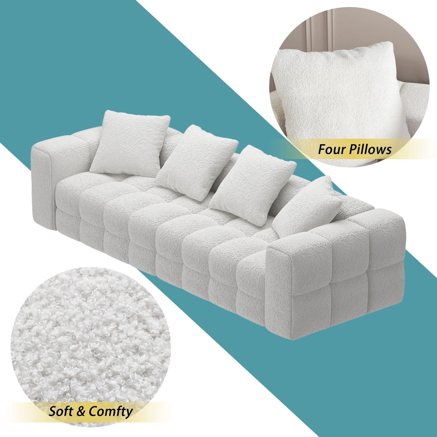 FAMAPY Cloud Sofa Couch for Living Room, Bubble Sofa Couch Upholstered Modern Contemporary Couch, Solid Wood Legs, White (100.8”W x 37.8”D x 20.5”H)