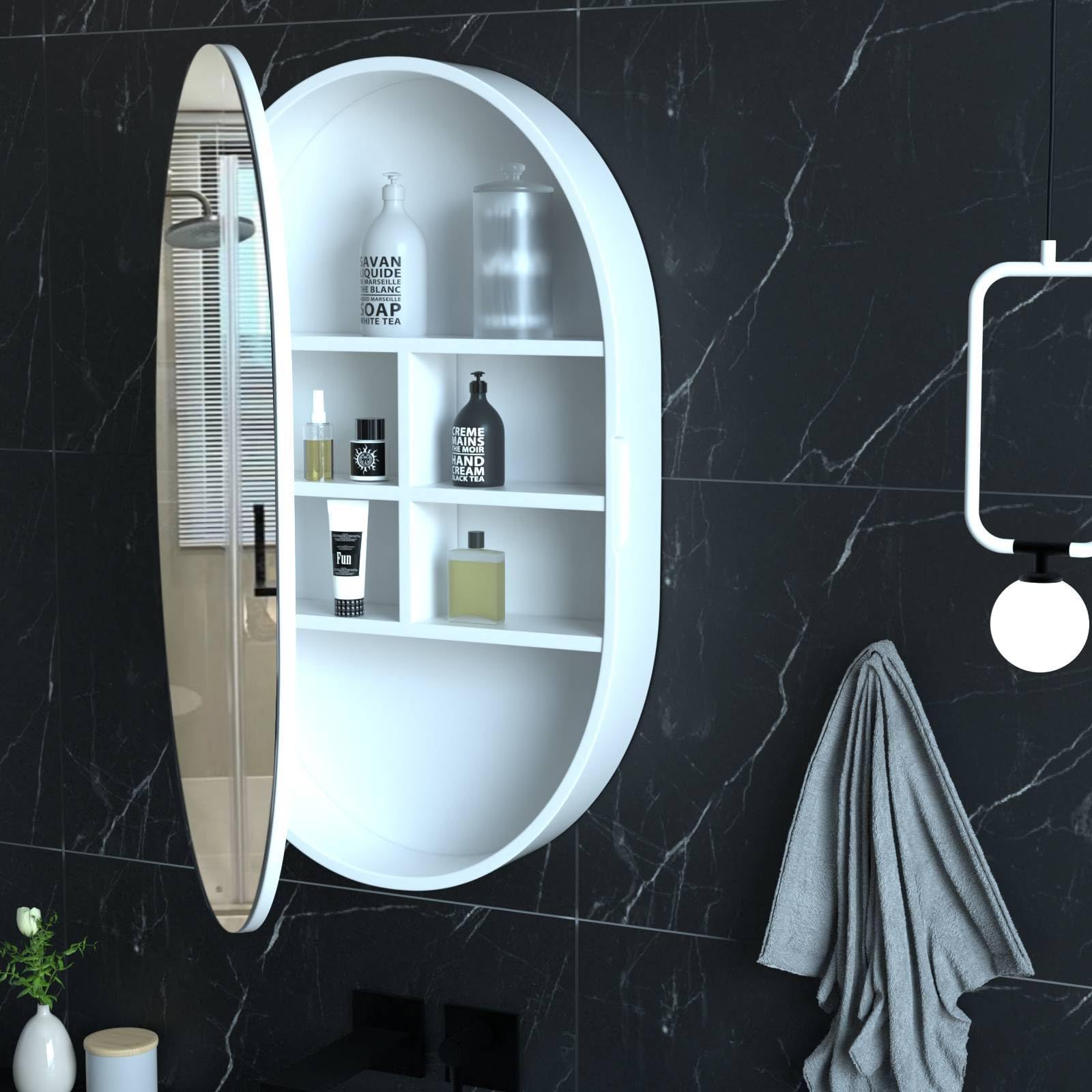 CHER-BUEATY Medicine Cabinet Bathroom Space Saver Storage Oval Cabinets with Mirror Surface Wall Mounted Solid Wood Circular Frame 4 Level 19.7 X 30.7 inch (Style B, White)