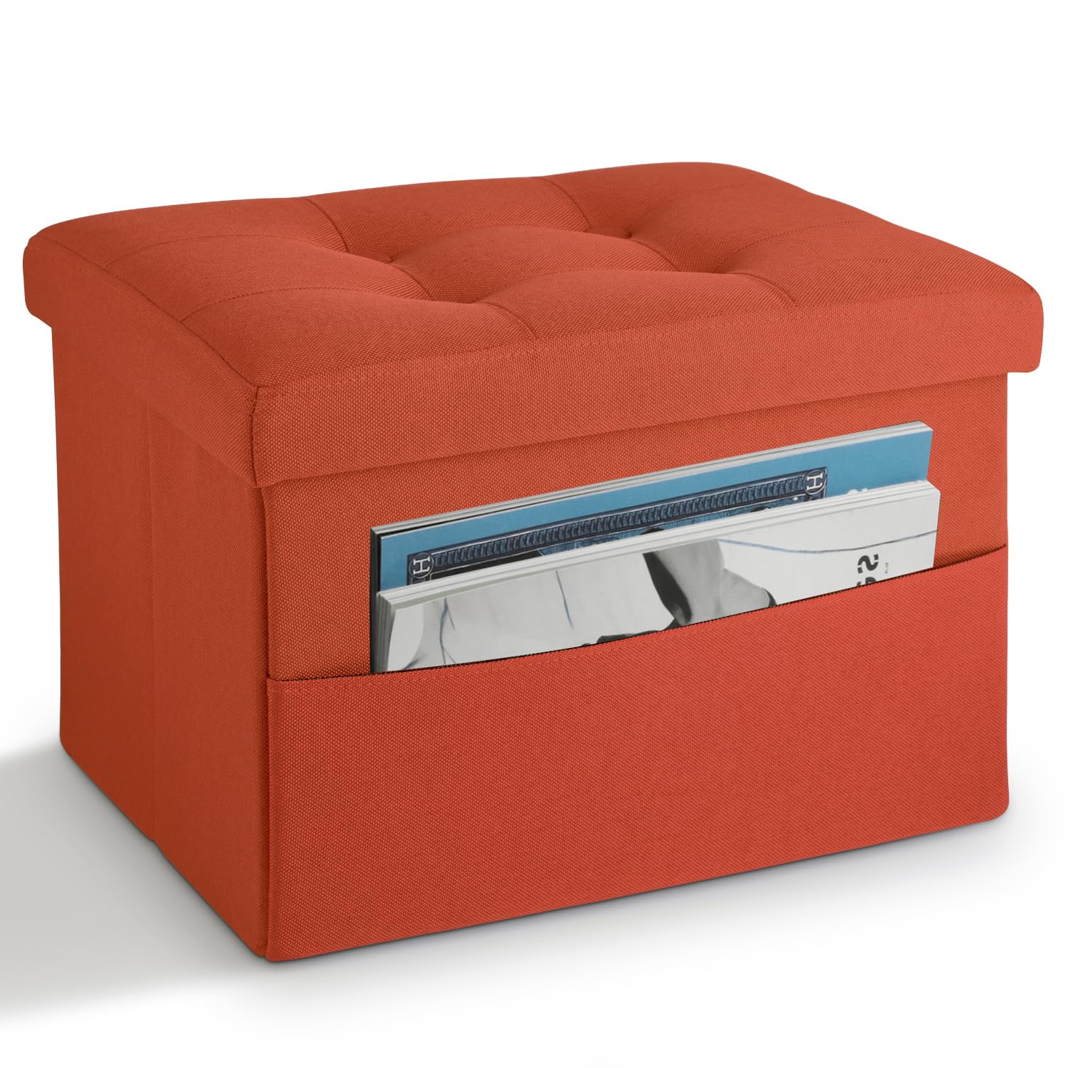 LINMAGCO Storage Ottoman Folding Foot Stool Ottoman Foot Rest with Side Pocket Modern Ottoman with Storage Short Sofa Stool Linen Cloth 17x13x13(Orange)