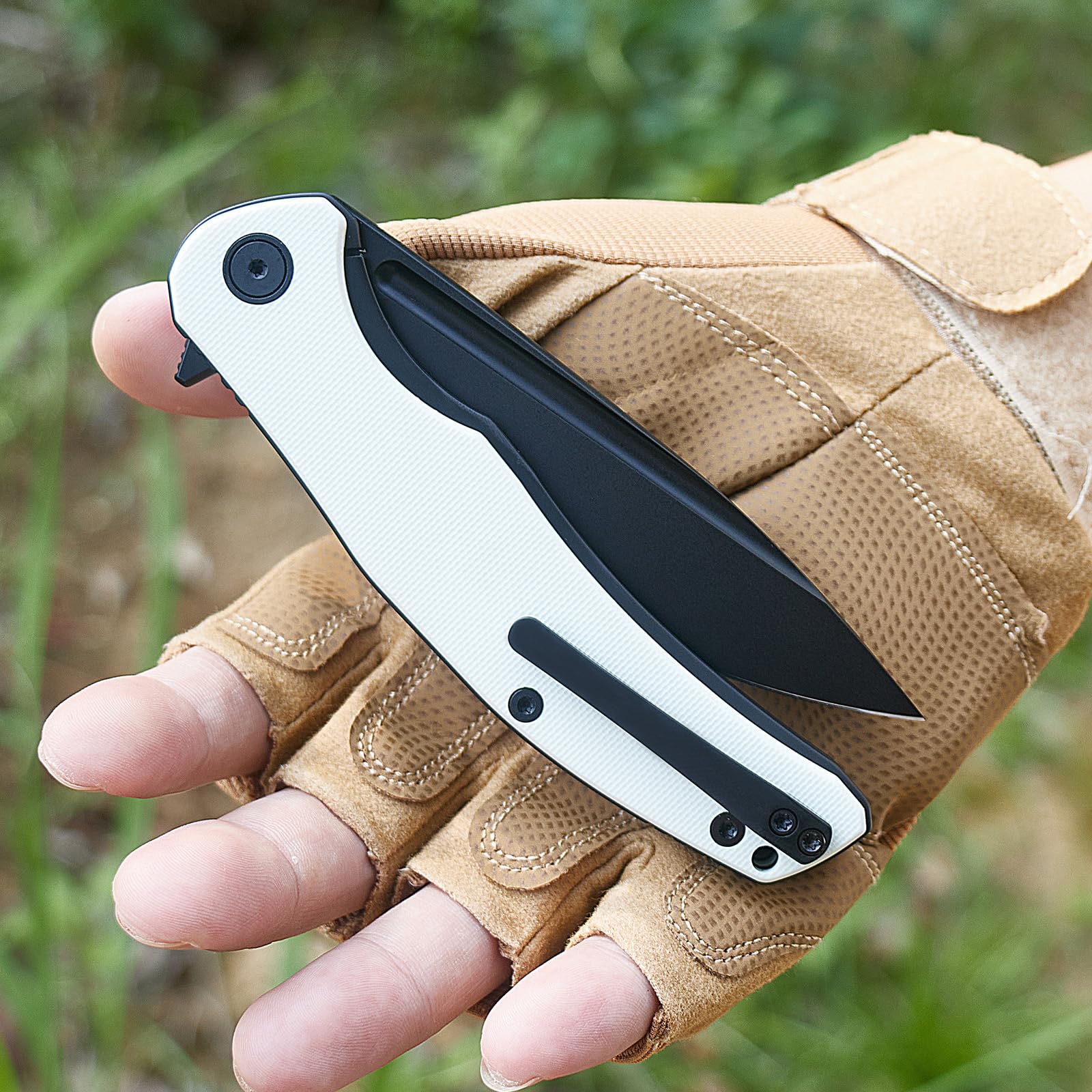 Miguron Knives M Velona Folding Knife,4.03" Black PVD 14C28N Blade White G10 Handle With Titanium Pocket Clip,Camping Hiking Pocket Knife MGR-8003WHII