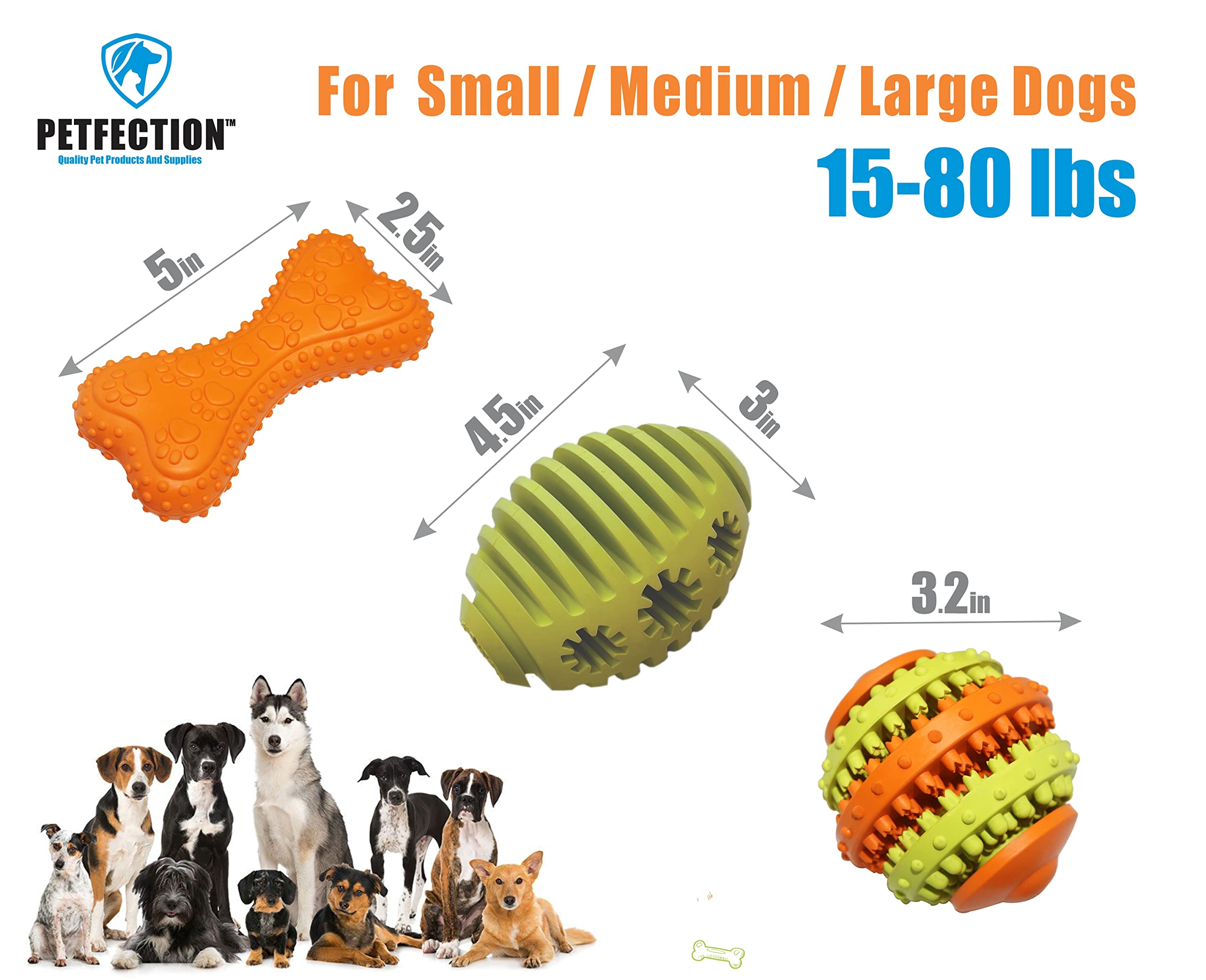 PETFECTION Dog Chew Toys 3 Pack, Dog Toys for Aggressive Chewers Large Breed, Multifunctional Teeth Cleaning and Gum Massage, Tough Dog Toys from 100% Natural Rubber for Large and Medium Dogs