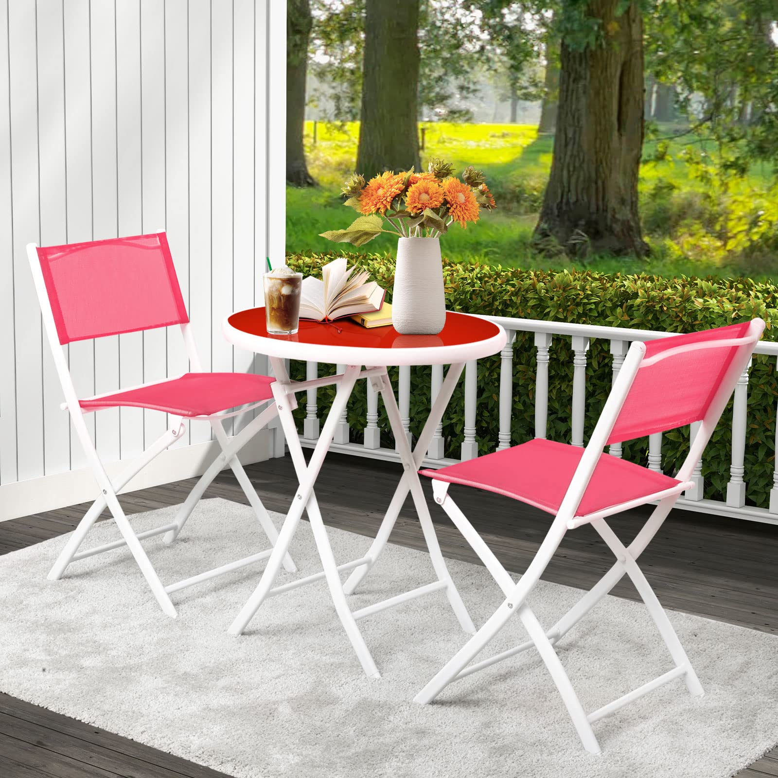 HAPPYGRILL 3 Pieces Patio Folding Bistro Set, Outdoor Foldable Chair & Table Set with Breathable Fabric, Tempered Glass Tabletop, Small Conversation Furniture Set for Porch Balcony Poolside Yard