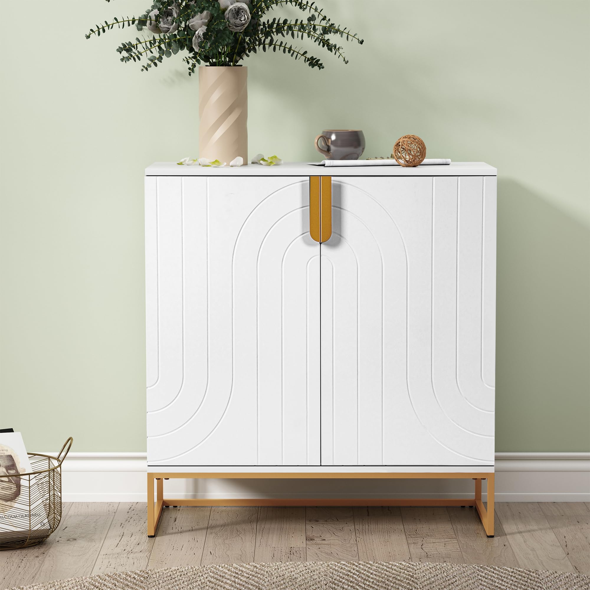 HLR Accent Wood Grain Cabinet with 2 Doors, Storage Cabinet Sideboard with Gold Metal Legs for Living Room,Entryway and Kitchen Dining Room, White