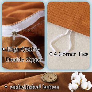 FADFAY Burnt Orange Duvet Cove Set King/Cal King Cotton Waffle Weave Bedding Zipper Comforter Cover Reversible Luxury Textured Terracotta Bedding Embellished Button Soft Breathable All Season 3Pcs