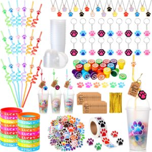 gejoy 178 pcs dog paw party favors set includes paw straws cups silicone bracelet keychain stamper sticker pendant chain thank you tag for boy girl dog paw theme party supplies (paw)