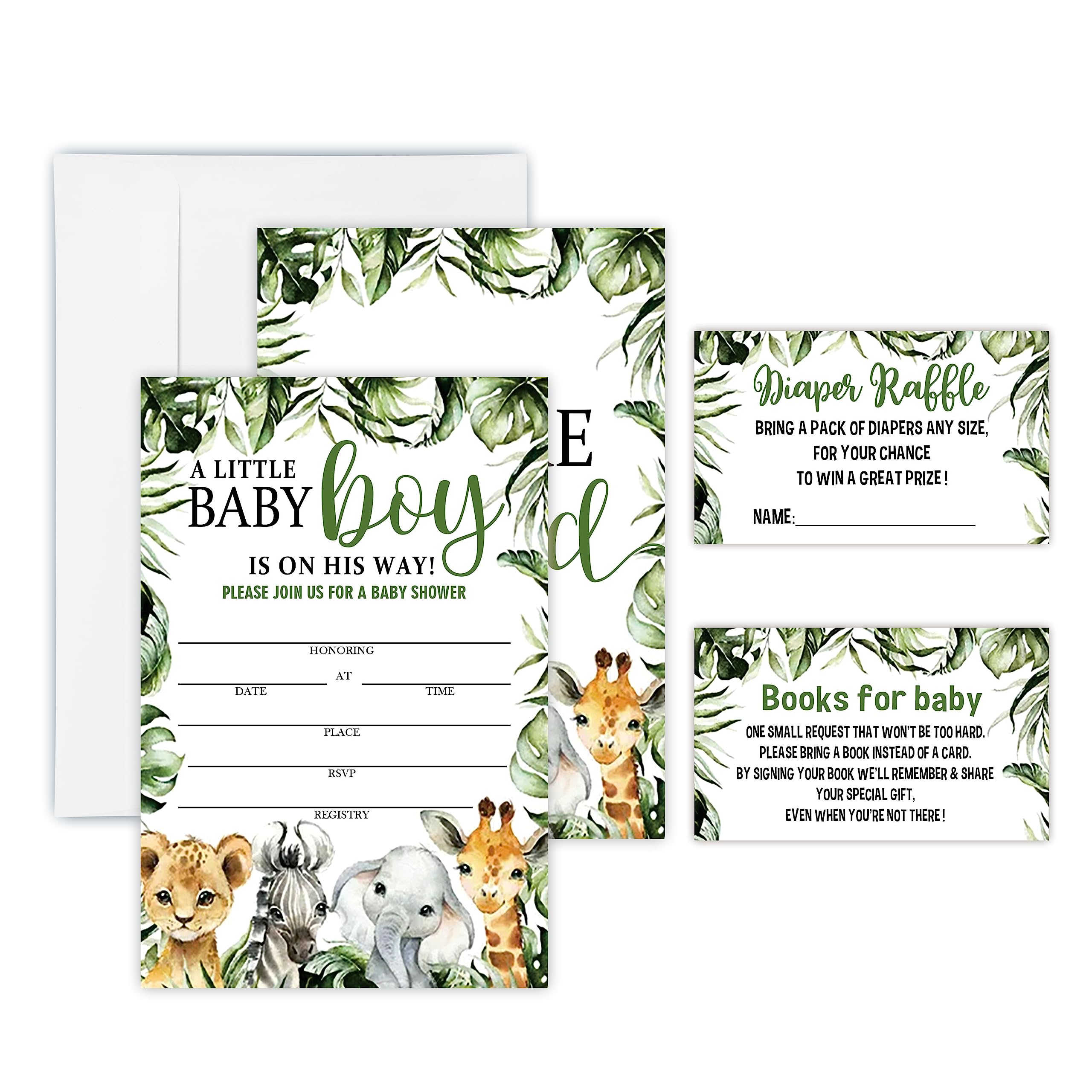 Baby Boy Baby Shower Invitation Set - Greenery Animals Theme - 25 Invites & Envelopes，25 Dipaer Raffle Tickets & 25 Book Request Cards - Gender Reveal Party Supplies -TZ-A06