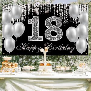 HTDZZI 18th Birthday Banner Backdrop, Happy 18th Birthday Decorations for Boys Girls, Black Silver 18 Year Old Birthday Party Yard Sign Photo Props Decorations Supplies for Men Women, Fabric