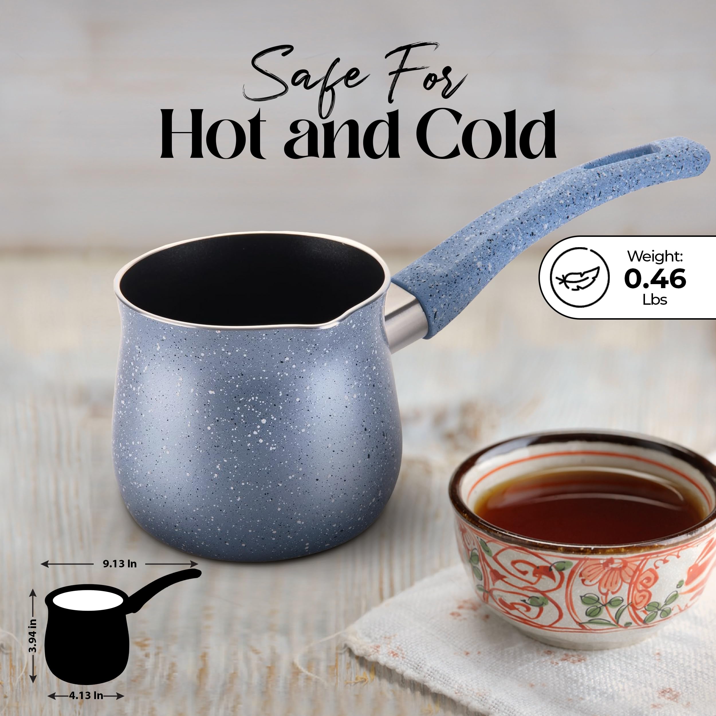 Alpine Cuisine Coffee Warmer 28oz Nonstick Coating, Marble Blue with Bakelite Handle, Turkish Coffee Maker Butter Warmer Aluminum Greek Coffee Heating Melting Milk Pot for Home & Café