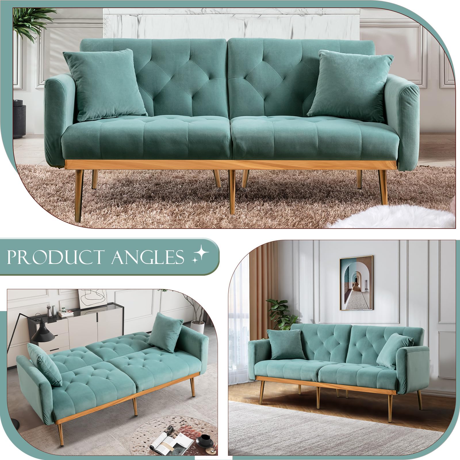 Convertible Velvet Futon Sofa Bed, Upholstered Loveseat Sleeper Couch with 3 Reclining Angles and 2 Pillows, Modern Living Room Sofa Couch with 5 Solid Metal Legs for Guest Room, Office, Mint Green