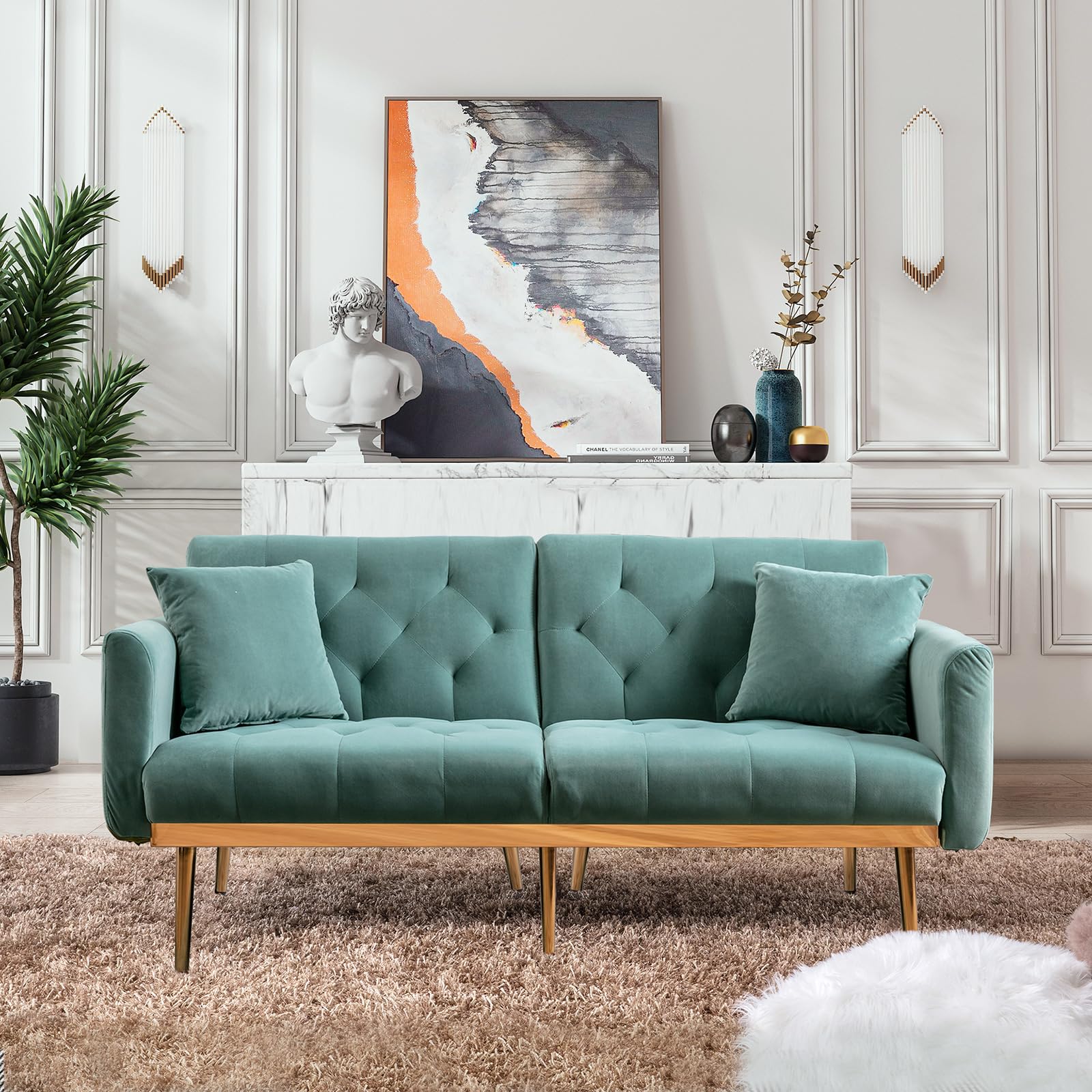 Convertible Velvet Futon Sofa Bed, Upholstered Loveseat Sleeper Couch with 3 Reclining Angles and 2 Pillows, Modern Living Room Sofa Couch with 5 Solid Metal Legs for Guest Room, Office, Mint Green