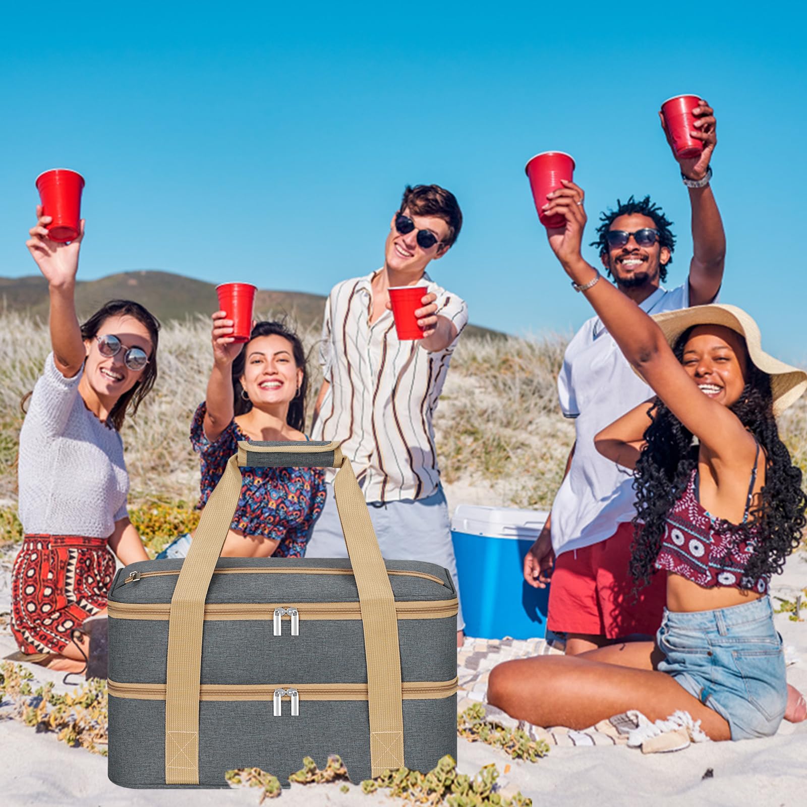 Double Insulated Casserole Carrier with Zipper Pockets, Casserole Carriers for Hot or Cold Food, Insulated Food Carrier for Parties, Picnics, Beach, Traveling, Fits 11 x 15 or 9 x 13 Baking Dish