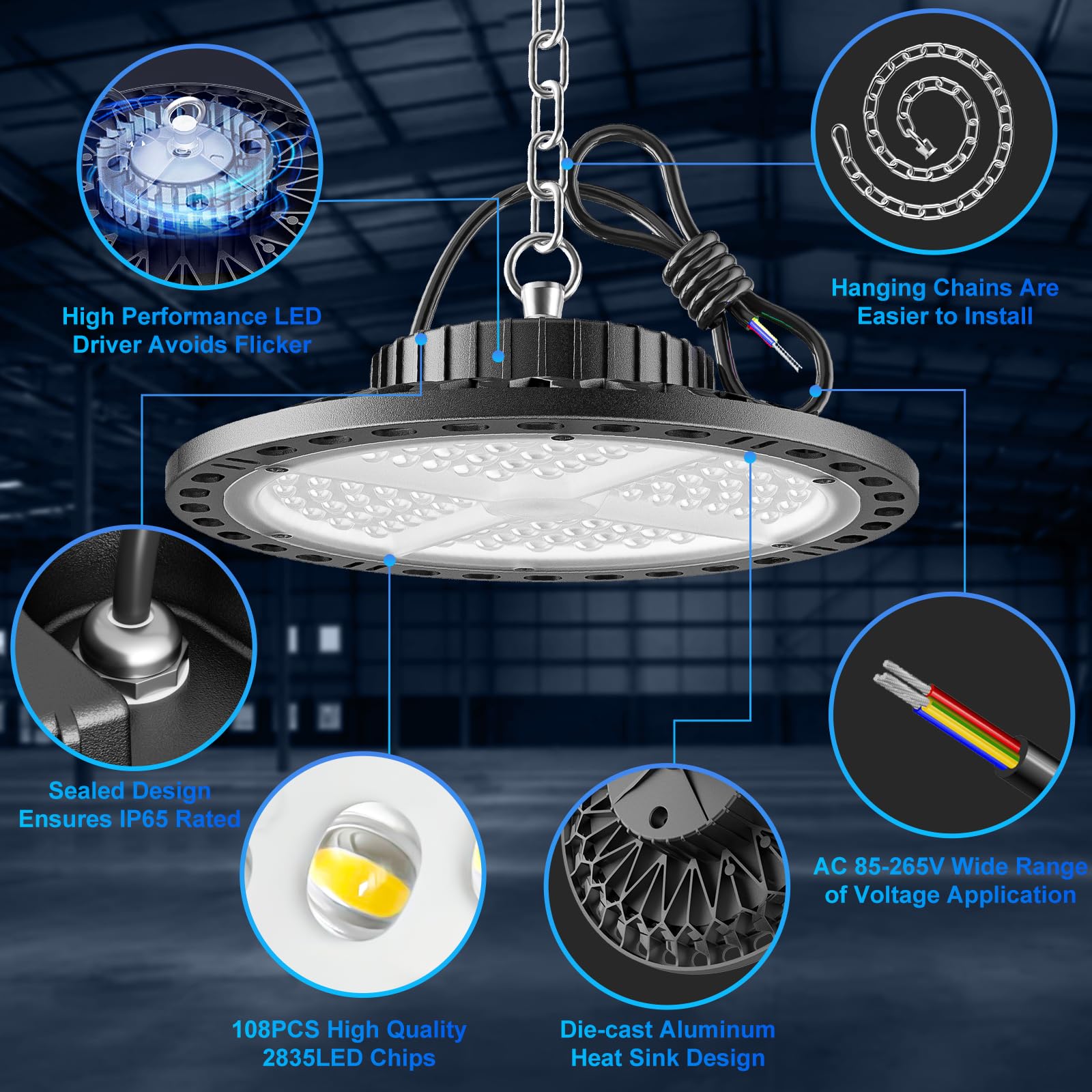 ISKYDRAW 100W UFO LED High Bay Light, 15000LM 2 Pack High Bay LED Shop Lights No-Dimmable, Commercial Bay Lighting 6500K, IP65 High Bay LED Lights for Workshop Garage Warehouse Factory Barn