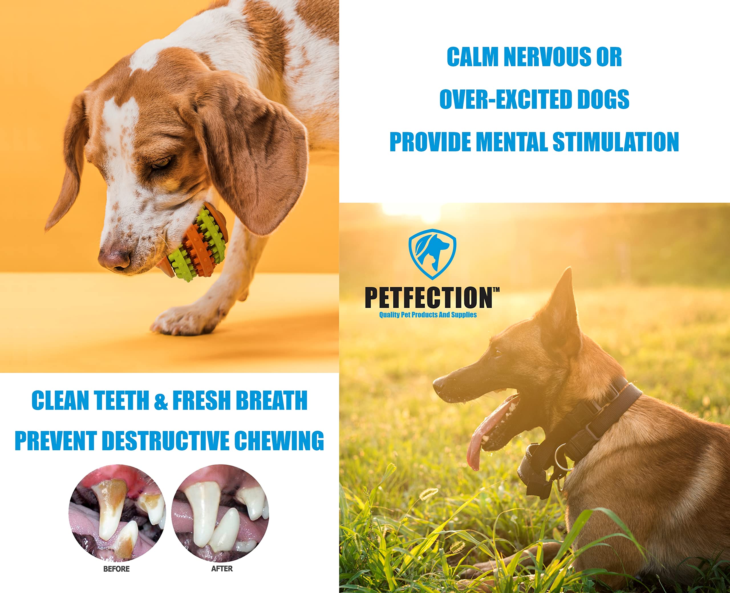 PETFECTION Dog Chew Toys 3 Pack, Dog Toys for Aggressive Chewers Large Breed, Multifunctional Teeth Cleaning and Gum Massage, Tough Dog Toys from 100% Natural Rubber for Large and Medium Dogs