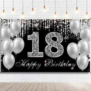 htdzzi 18th birthday banner backdrop, happy 18th birthday decorations for boys girls, black silver 18 year old birthday party yard sign photo props decorations supplies for men women, fabric