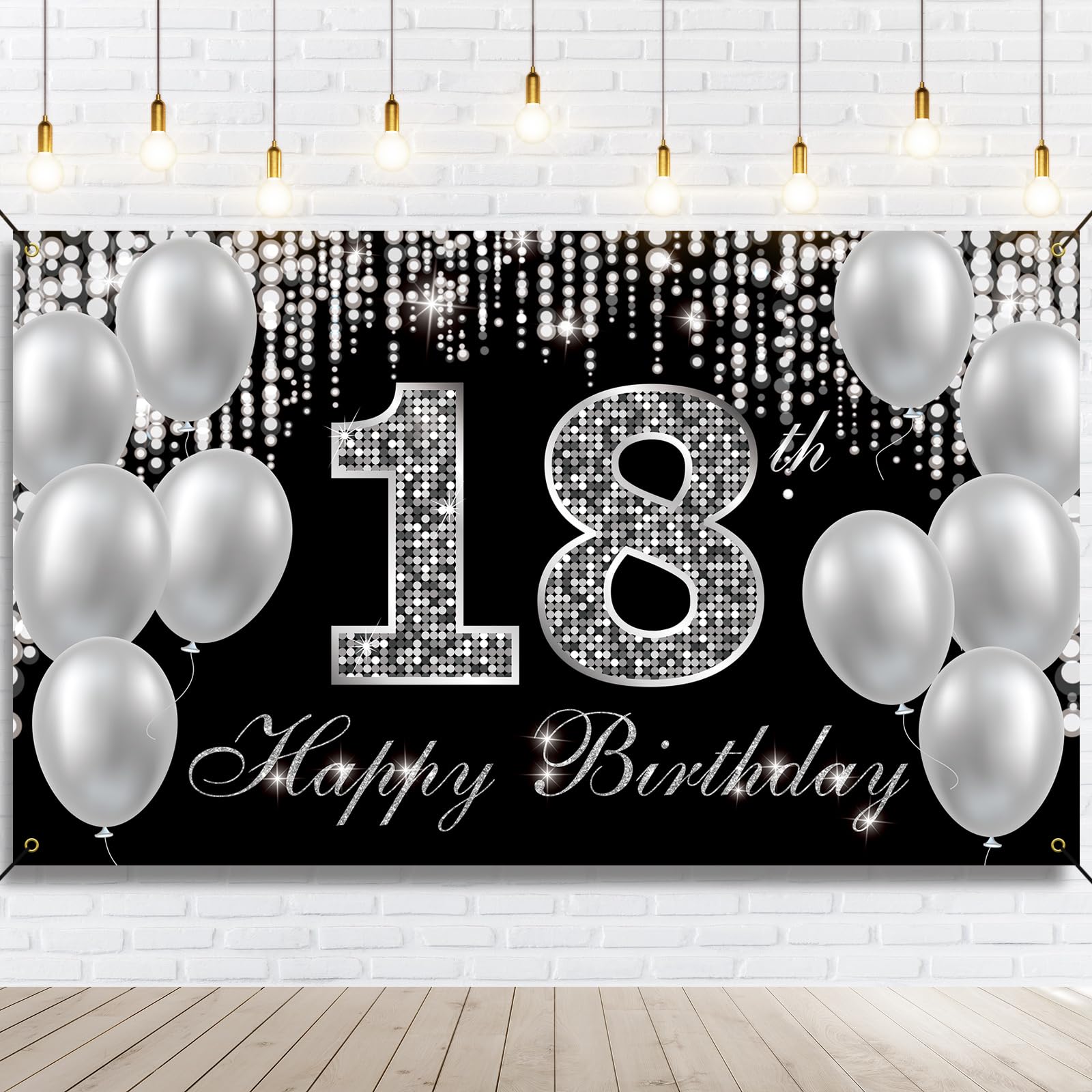 HTDZZI 18th Birthday Banner Backdrop, Happy 18th Birthday Decorations for Boys Girls, Black Silver 18 Year Old Birthday Party Yard Sign Photo Props Decorations Supplies for Men Women, Fabric