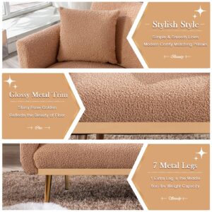 Convertible Futon Sofa Bed, Upholstered Loveseat Sleeper Couch with 3 Reclining Angles and 2 Pillows, Modern Living Room Sofa Couch with 5 Solid Metal Legs for Guest Room, Office, Camel Teddy