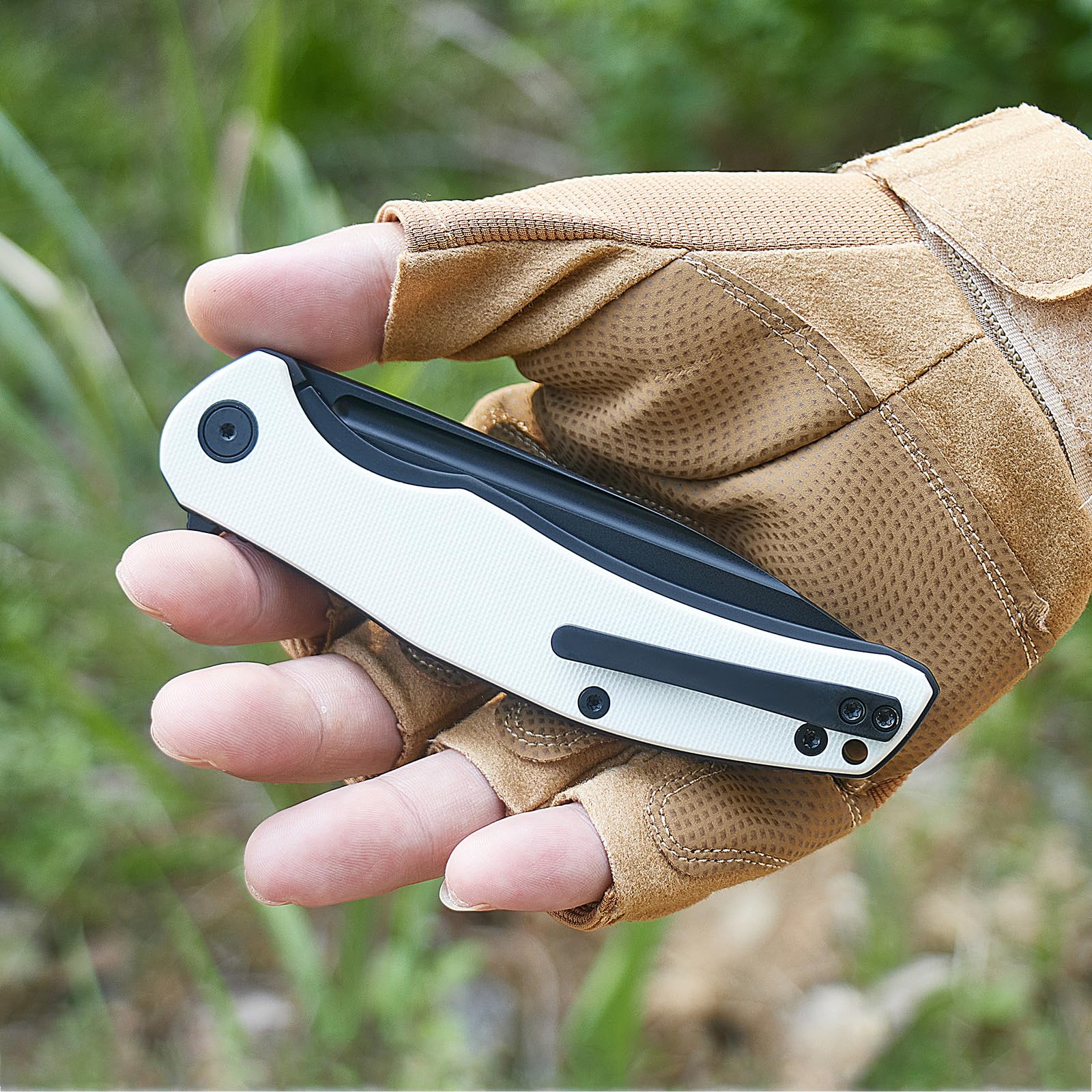 Miguron Knives M Velona Folding Knife,4.03" Black PVD 14C28N Blade White G10 Handle With Titanium Pocket Clip,Camping Hiking Pocket Knife MGR-8003WHII