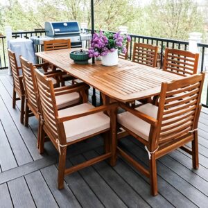 PHI VILLA 9 Pieces Acacia Wood Patio Dining Set for 8, Expandable Teak Dining Table & Wooden Chairs with Cushions, Farmhouse Dining Furniture Set for Outdoor Deck, Yard, Porch