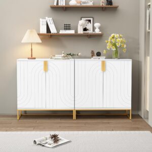 HLR Accent Wood Grain Cabinet with 2 Doors, Storage Cabinet Sideboard with Gold Metal Legs for Living Room,Entryway and Kitchen Dining Room, White