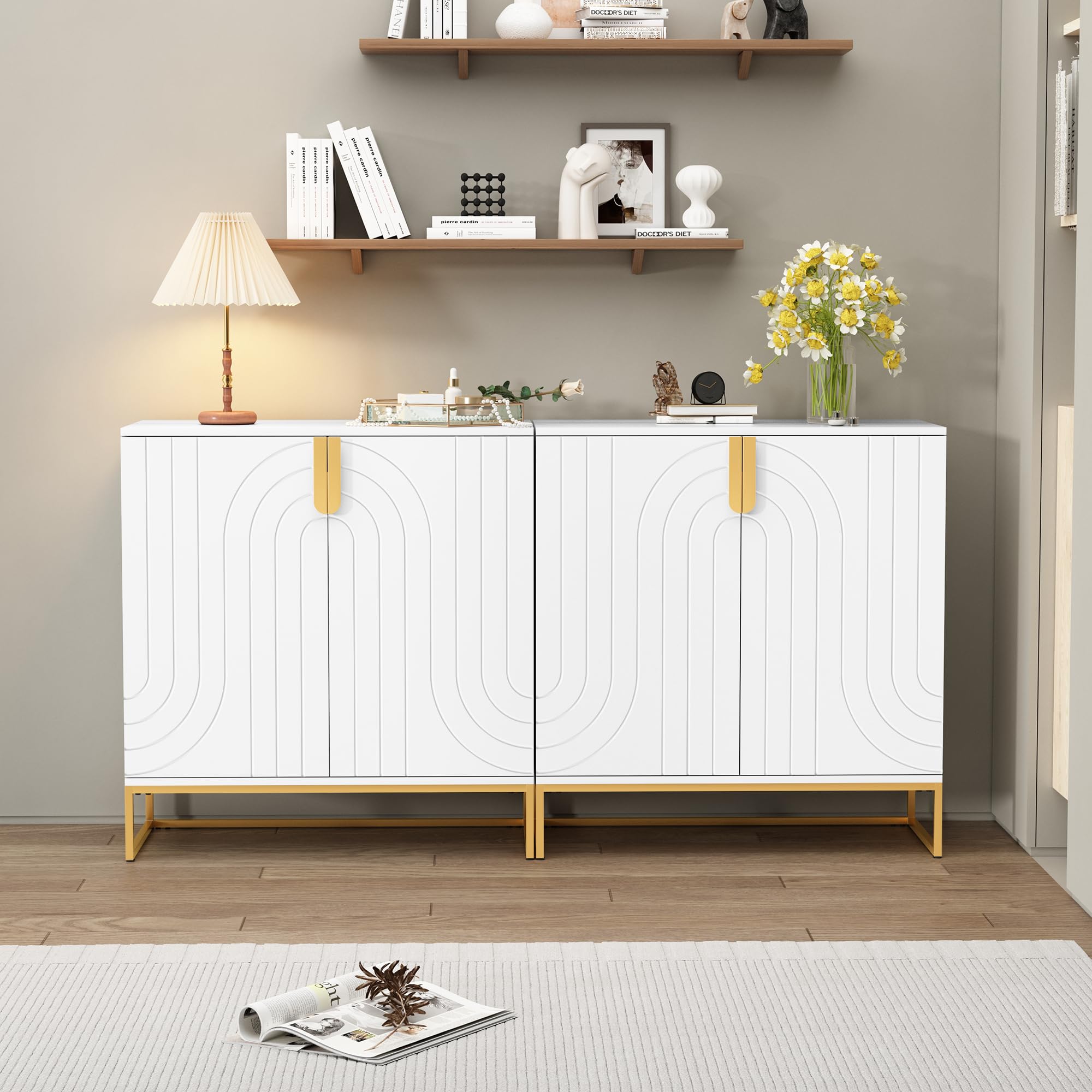 HLR Accent Wood Grain Cabinet with 2 Doors, Storage Cabinet Sideboard with Gold Metal Legs for Living Room,Entryway and Kitchen Dining Room, White