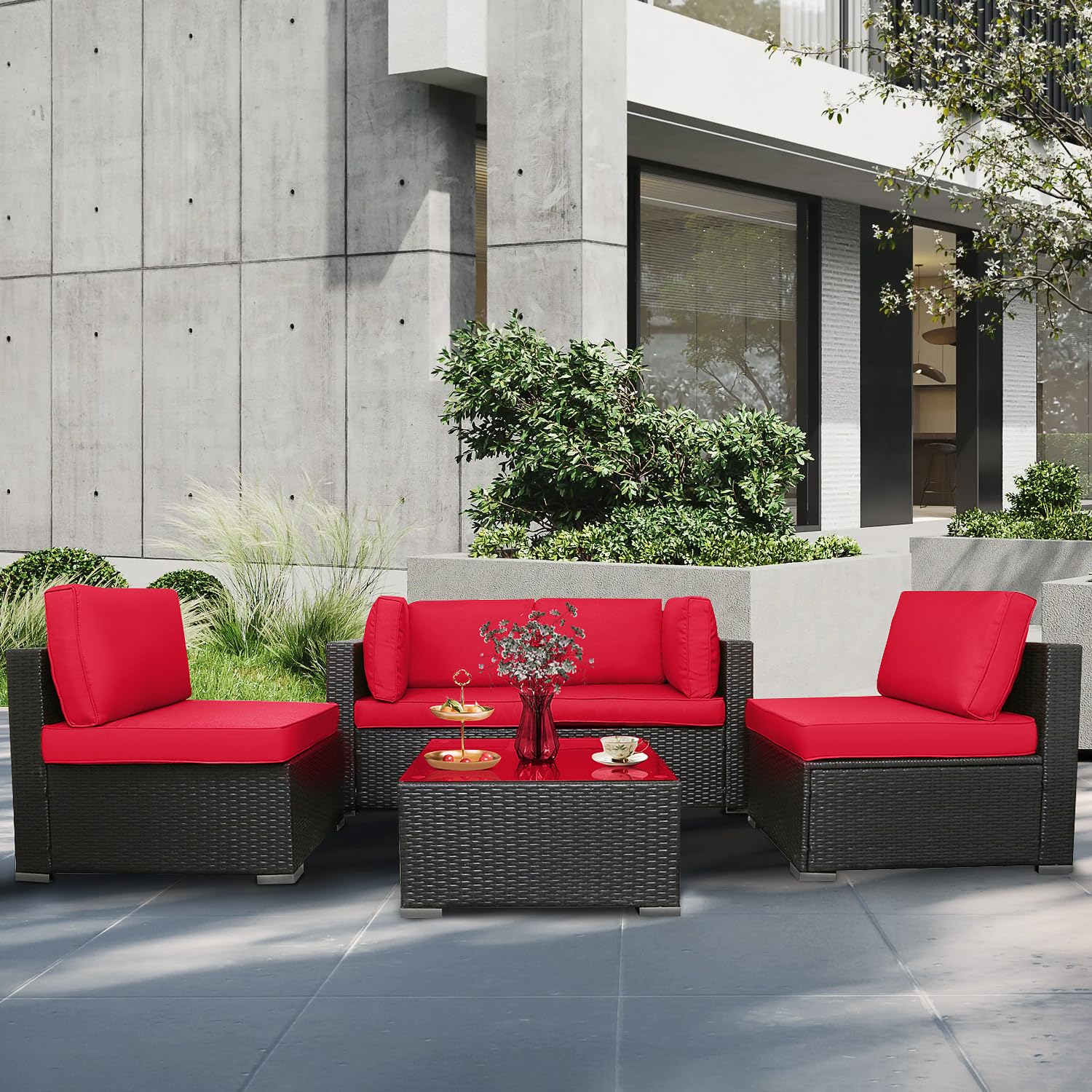 LAZYLAND Wicker Patio Furniture Sets 5 Piece Outdoor Sectional Rattan Sofa Set, Conversation Sets Patio Furniture with Cushions and 1 Tempered Glass Tea Table for Backyard Garden Balcony (Orange)