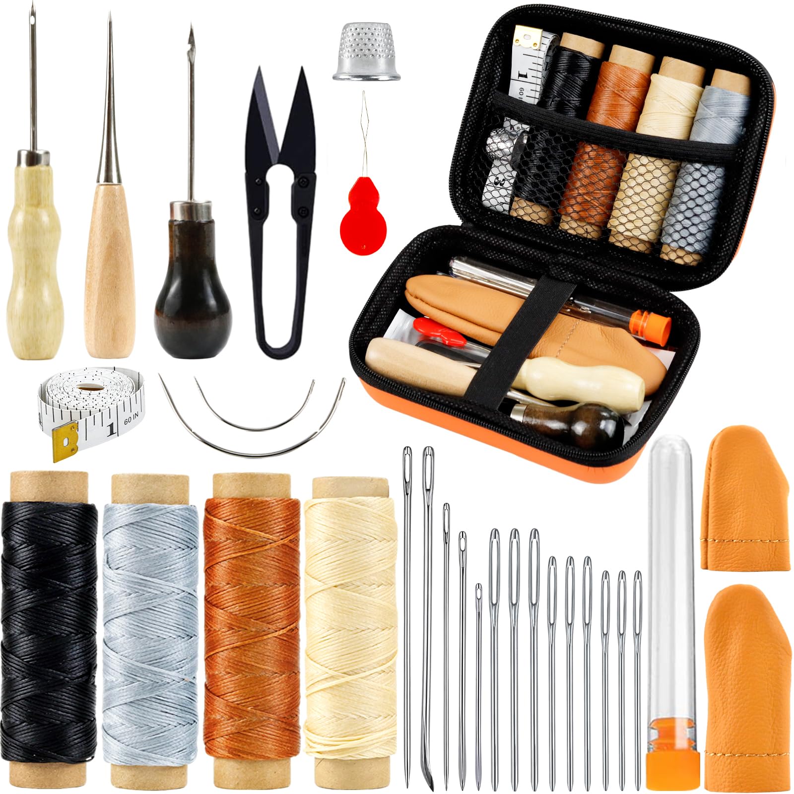 PLANTIONAL Leather Repair Sewing Kit: 31pcs Leather Working Tools with Pro Waxed Thread, Large Eye Hand Sewing Needles, 3 Versatile Awl, Heavy Duty Sewing Kit for Car, Upholstery, Vinyl, Canvas 02