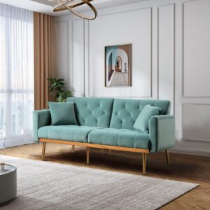 Convertible Velvet Futon Sofa Bed, Upholstered Loveseat Sleeper Couch with 3 Reclining Angles and 2 Pillows, Modern Living Room Sofa Couch with 5 Solid Metal Legs for Guest Room, Office, Mint Green