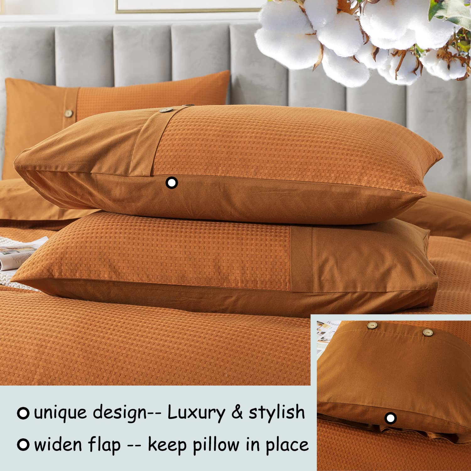 FADFAY Burnt Orange Duvet Cove Set King/Cal King Cotton Waffle Weave Bedding Zipper Comforter Cover Reversible Luxury Textured Terracotta Bedding Embellished Button Soft Breathable All Season 3Pcs