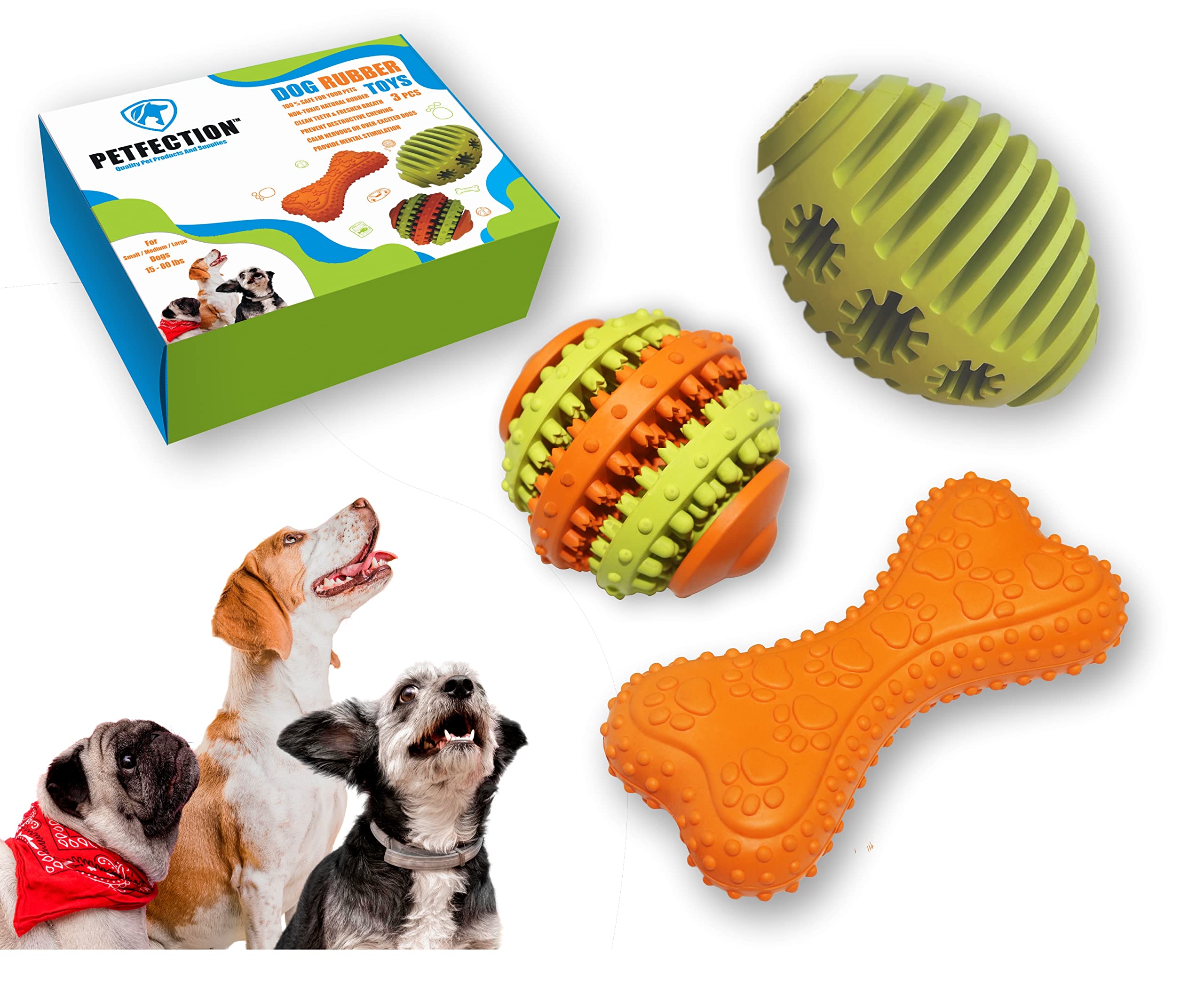 PETFECTION Dog Chew Toys 3 Pack, Dog Toys for Aggressive Chewers Large Breed, Multifunctional Teeth Cleaning and Gum Massage, Tough Dog Toys from 100% Natural Rubber for Large and Medium Dogs