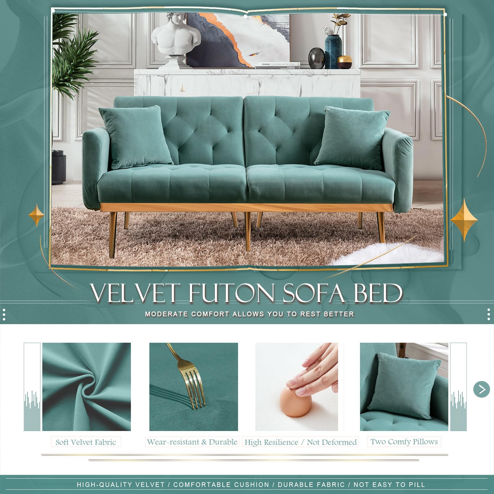 Convertible Velvet Futon Sofa Bed, Upholstered Loveseat Sleeper Couch with 3 Reclining Angles and 2 Pillows, Modern Living Room Sofa Couch with 5 Solid Metal Legs for Guest Room, Office, Mint Green