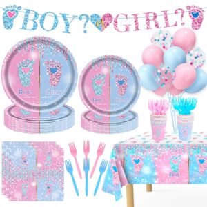 gender reveal decorations, 146pcs gender reveal plates-serve 24, boy or girl party tableware set with disposable paper plates napkins cups tablecloth for gender reveal party supplies