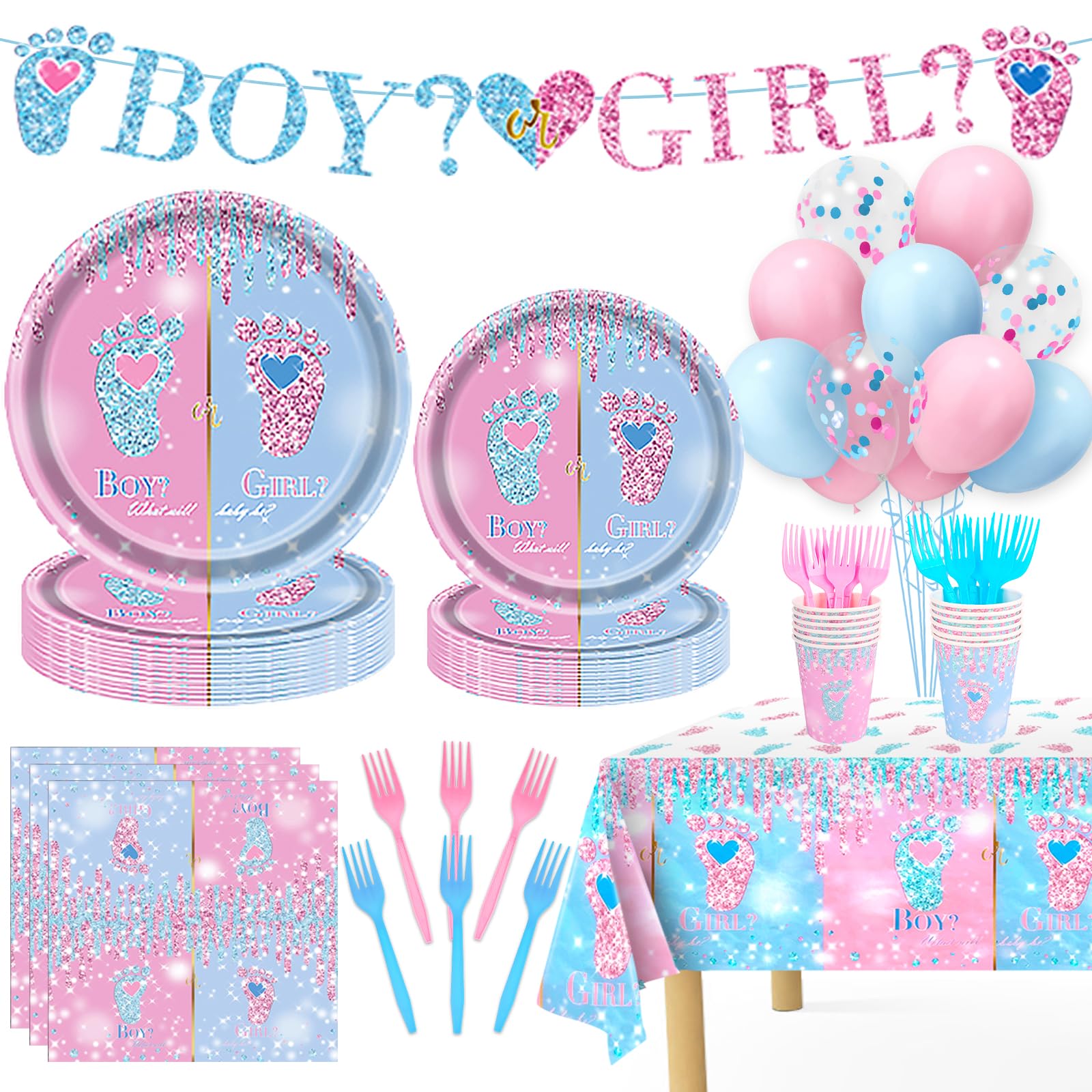 Gender Reveal Decorations, 146Pcs Gender Reveal Plates-Serve 24, Boy or Girl Party Tableware Set with Disposable Paper Plates Napkins Cups Tablecloth for Gender Reveal Party Supplies