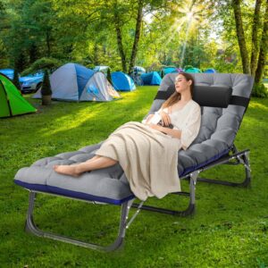 Barbella Folding Lounge Chair with Mattress, 4 Position Adjustable Folding Sleeping Bed Cot Patio Chaise Lounge Chairs Perfect for Sunbathing, Camping, Pool, Beach, Patio