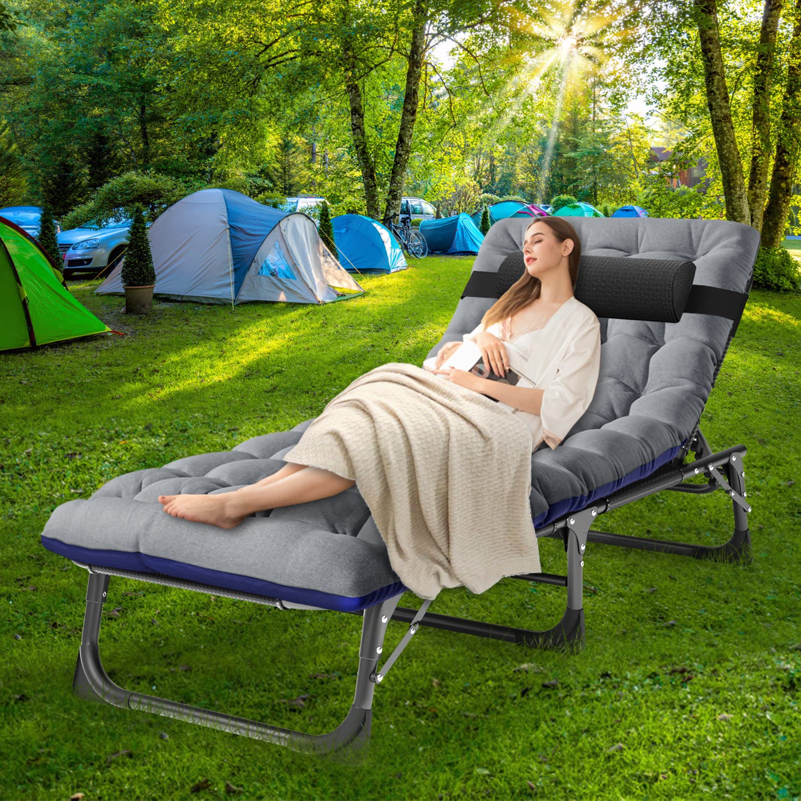 Barbella Folding Lounge Chair with Mattress, 4 Position Adjustable Folding Sleeping Bed Cot Patio Chaise Lounge Chairs Perfect for Sunbathing, Camping, Pool, Beach, Patio