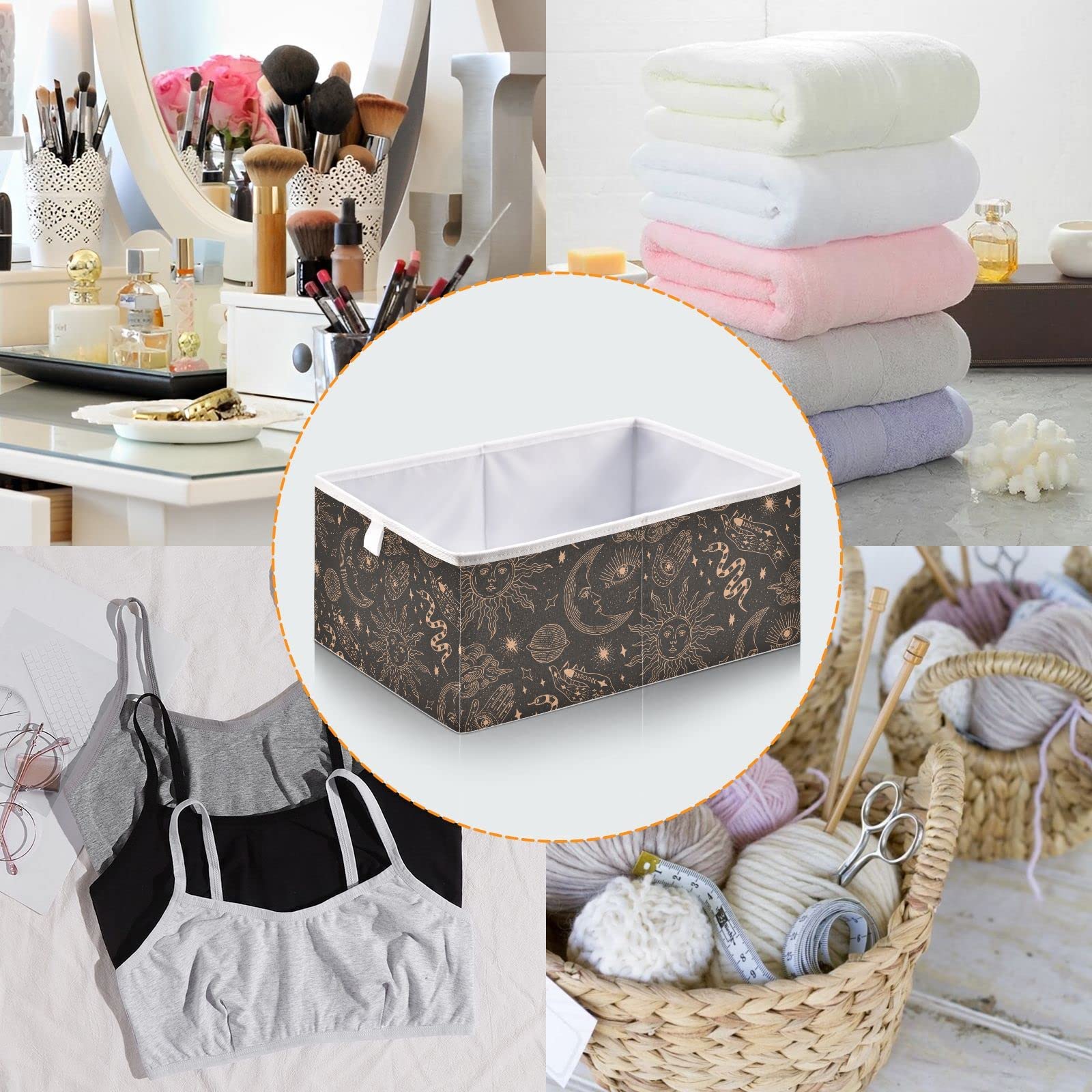 Vnurnrn Fabric Cube Collapsible Storage Cube Boho Celestial Snake Print, Storage Bins with Support Board, Foldable Basket for Shelf Closet Cabinet 11.02×11.02×11.02 in