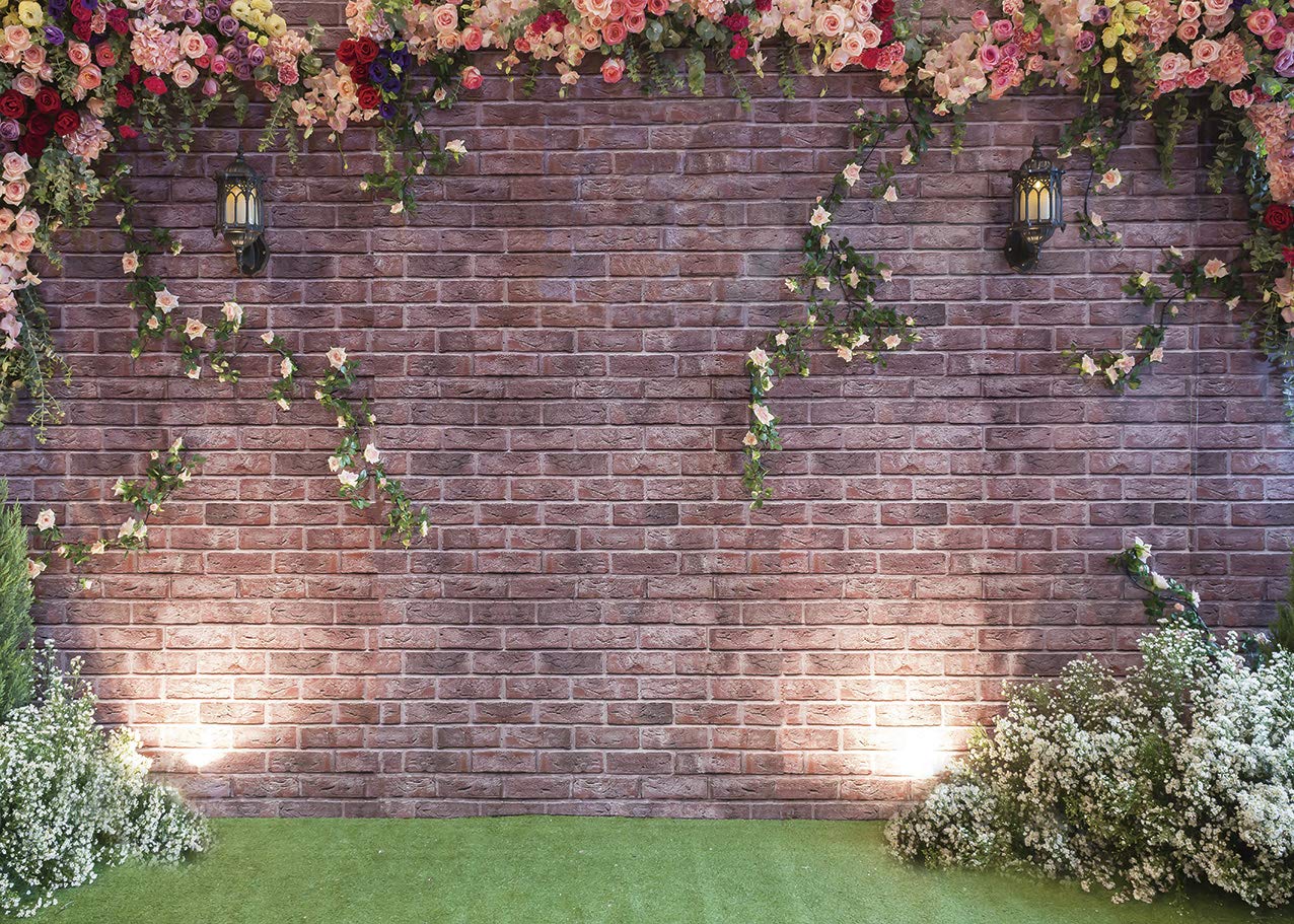 INRUI Spring Flowers Brick Wall Photography Background Garden Floral Wedding Ceremony Bridal Baby Shower Birthday Party Decor Backdrop (10x8FT)