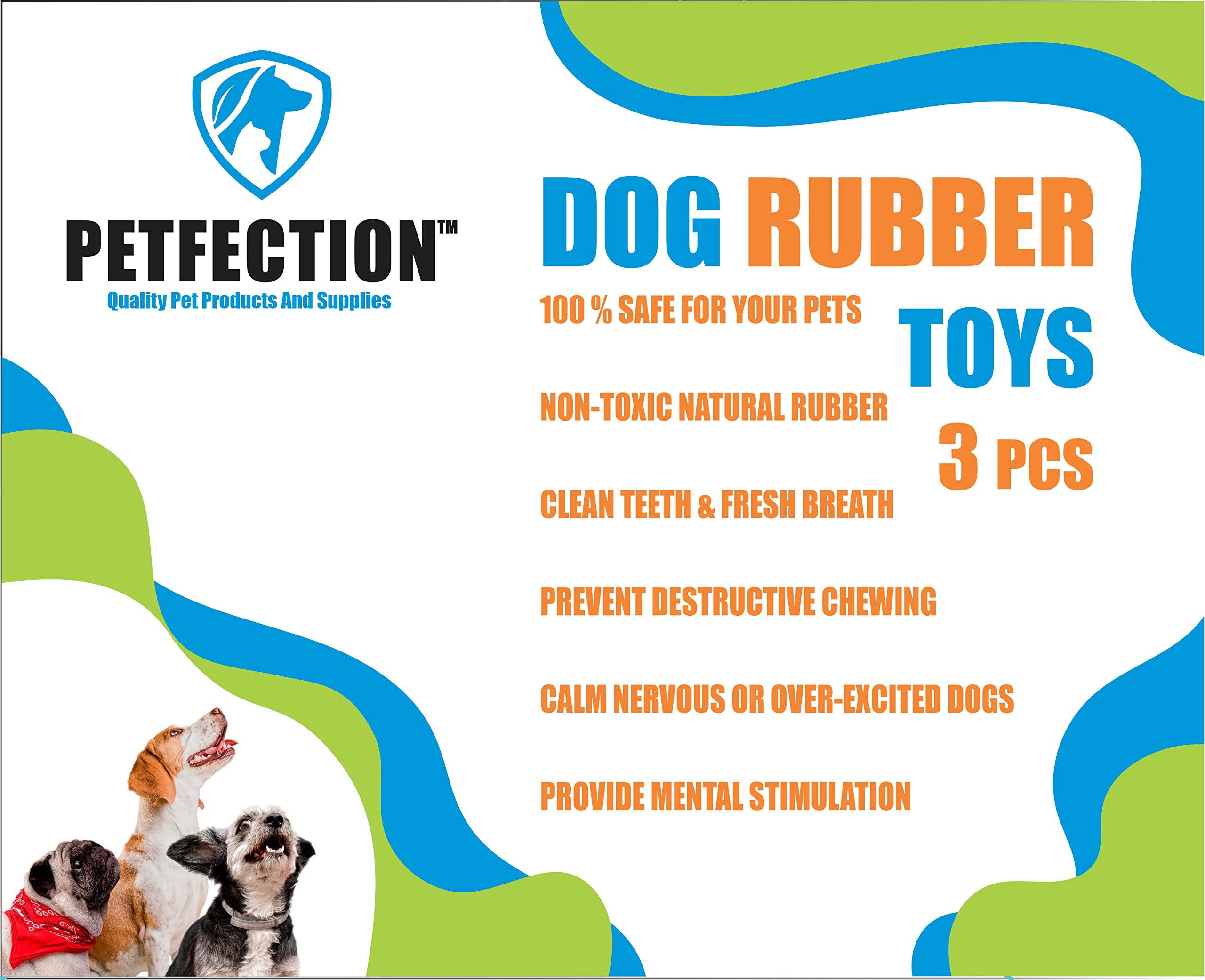 PETFECTION Dog Chew Toys 3 Pack, Dog Toys for Aggressive Chewers Large Breed, Multifunctional Teeth Cleaning and Gum Massage, Tough Dog Toys from 100% Natural Rubber for Large and Medium Dogs