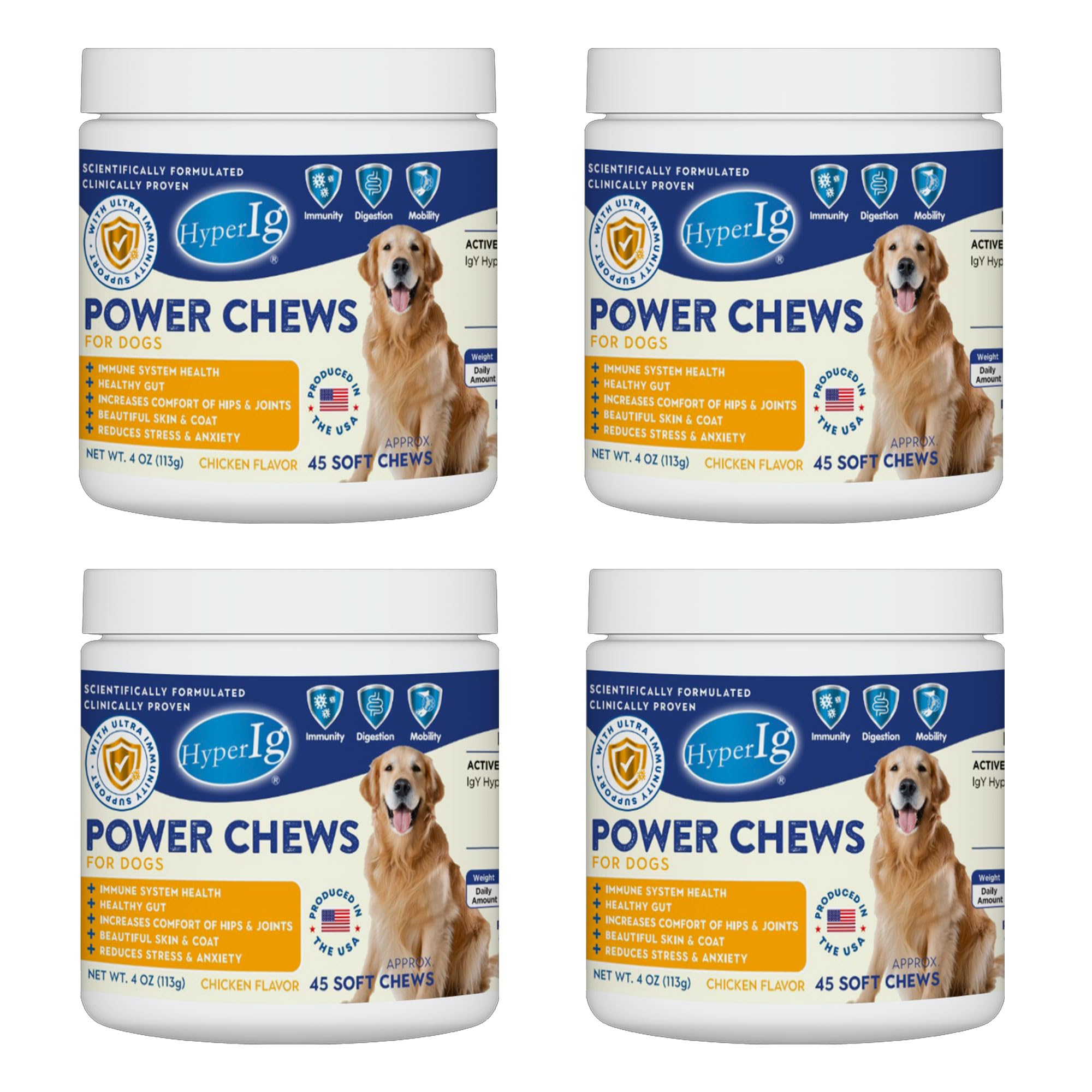 Power Chews for Dogs - Chicken Flavor, IgY Hyperimmune Protein for Immune System Health, Joint Support, Stress & Anxiety Relief, and Healthy Skin & Coat – 45 Soft Chews, 113g - 4 Cans (4 Canister)