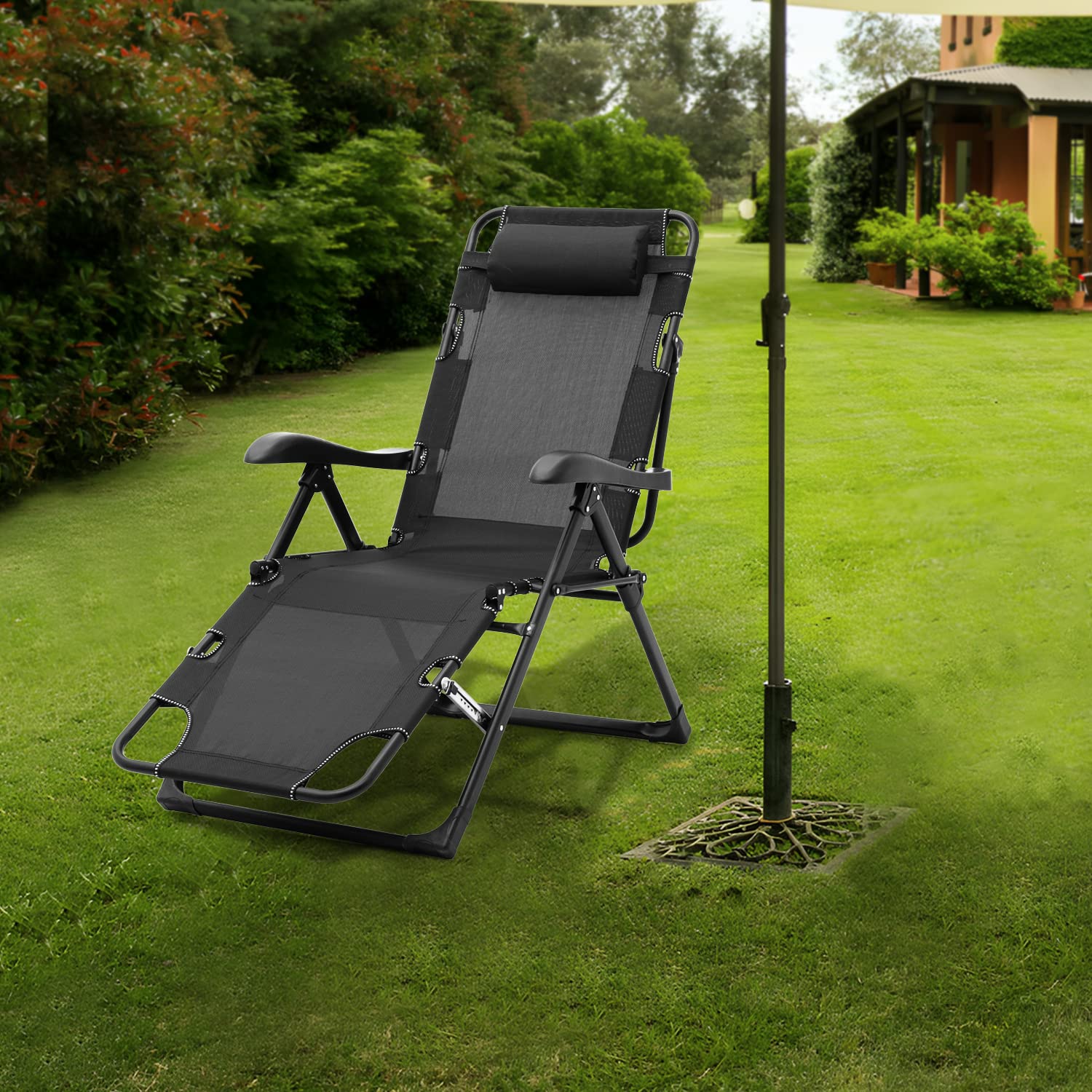 Magshion Folding Reclining Patio Chairs, Adjustable Folding Reclining Lounge Chair with Additional Support Bar and Headrest Patio Lawn Recliner for Outdoor Pool Camp Yard, 300 lbs (Black)