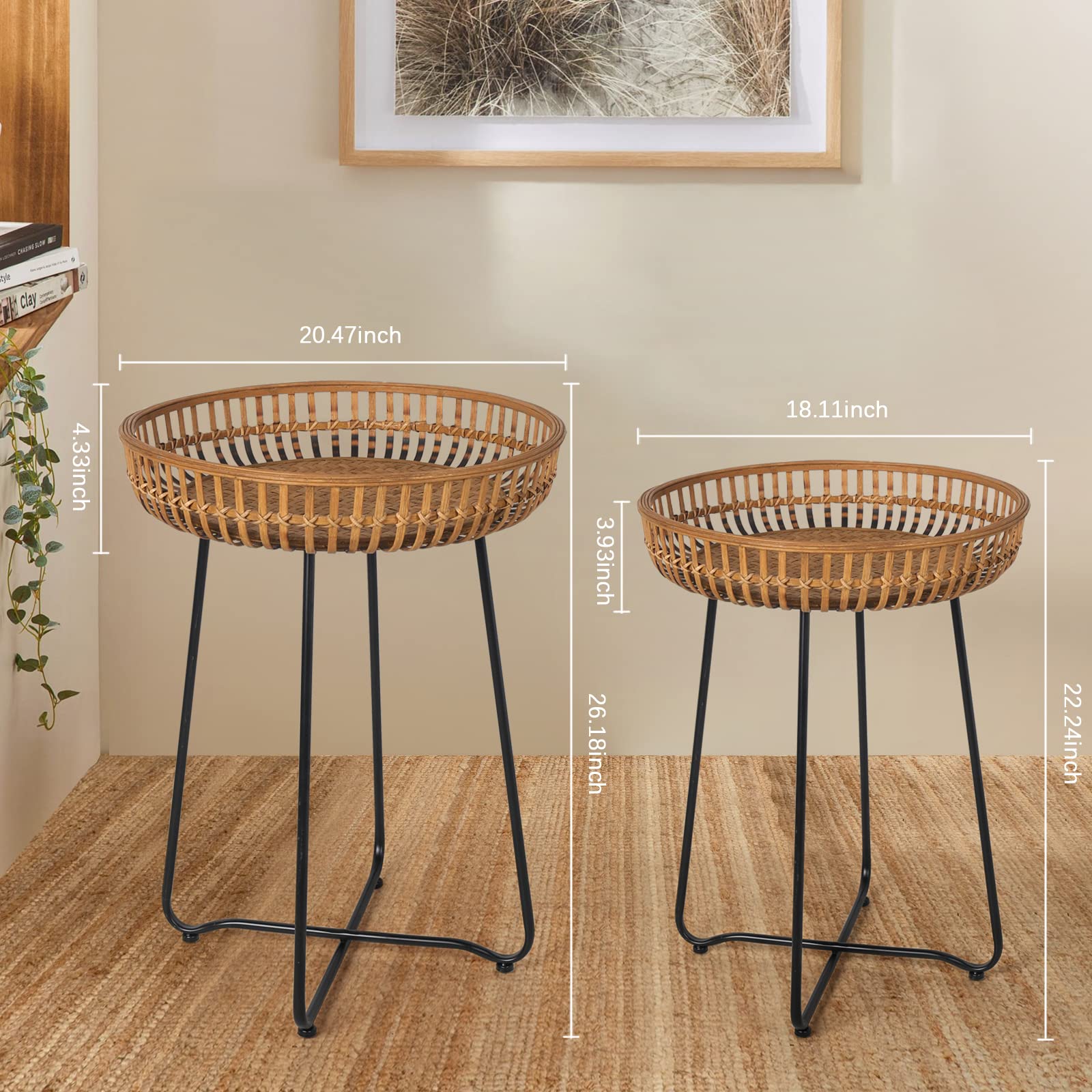 Oakrain Rattan Side Table Nesting Tables Set of 2, Bamboo Round Table Coffee Table Metal Base End Table for Boho Living Room, Sofa, Bedroom, Terrace, Accent Table(20.47inch)