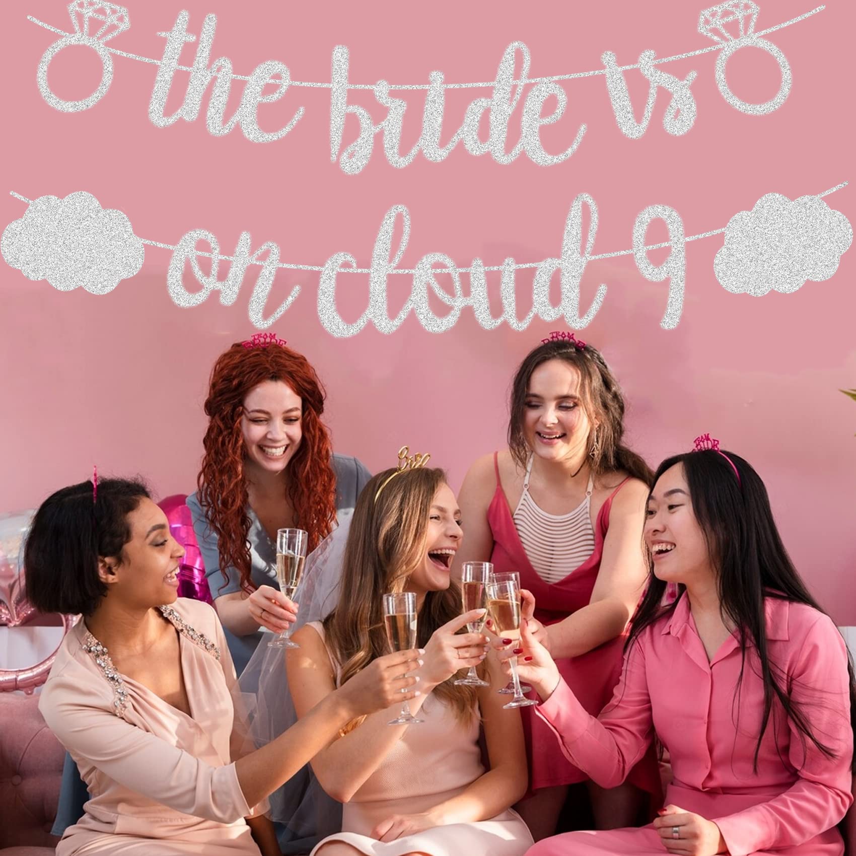 The Bride Is on Cloud 9 Bachelorette Party Banner, Glitter Silver Hanging Cloud Decorations Bridal Shower Sign Party Favors Hen Parties Engagement Wedding Receptions Party Supplies