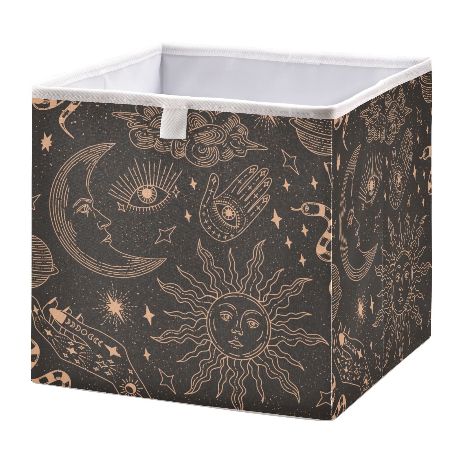 Vnurnrn Fabric Cube Collapsible Storage Cube Boho Celestial Snake Print, Storage Bins with Support Board, Foldable Basket for Shelf Closet Cabinet 11.02×11.02×11.02 in