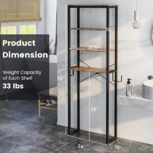 Giantex Over The Toilet Storage Rack, 4-Tier Wooden Bathroom Space Saver w/Metal Frame & 2 Hooks, Freestanding Above Toilet Storage Shelf w/Adjustable Feet, Black + Rustic Brown