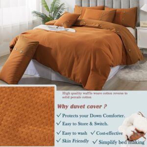 FADFAY Burnt Orange Duvet Cove Set King/Cal King Cotton Waffle Weave Bedding Zipper Comforter Cover Reversible Luxury Textured Terracotta Bedding Embellished Button Soft Breathable All Season 3Pcs