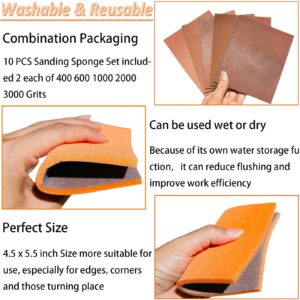 Sackorange 10 PCS 400-3000 Grit Sanding Sponge Set, 4.5 x 5.5 Inch Wet or Dry Hand Sanding Sponges Sheet, Flexible Soft Foam Sand Block for Drywall, Corner Contour, Metal Wood-Working