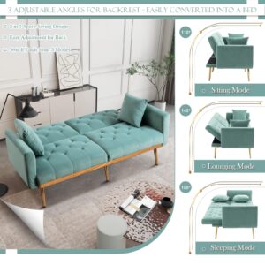 Convertible Velvet Futon Sofa Bed, Upholstered Loveseat Sleeper Couch with 3 Reclining Angles and 2 Pillows, Modern Living Room Sofa Couch with 5 Solid Metal Legs for Guest Room, Office, Mint Green