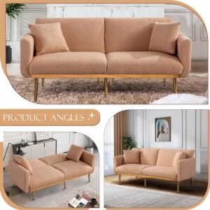 Convertible Futon Sofa Bed, Upholstered Loveseat Sleeper Couch with 3 Reclining Angles and 2 Pillows, Modern Living Room Sofa Couch with 5 Solid Metal Legs for Guest Room, Office, Camel Teddy