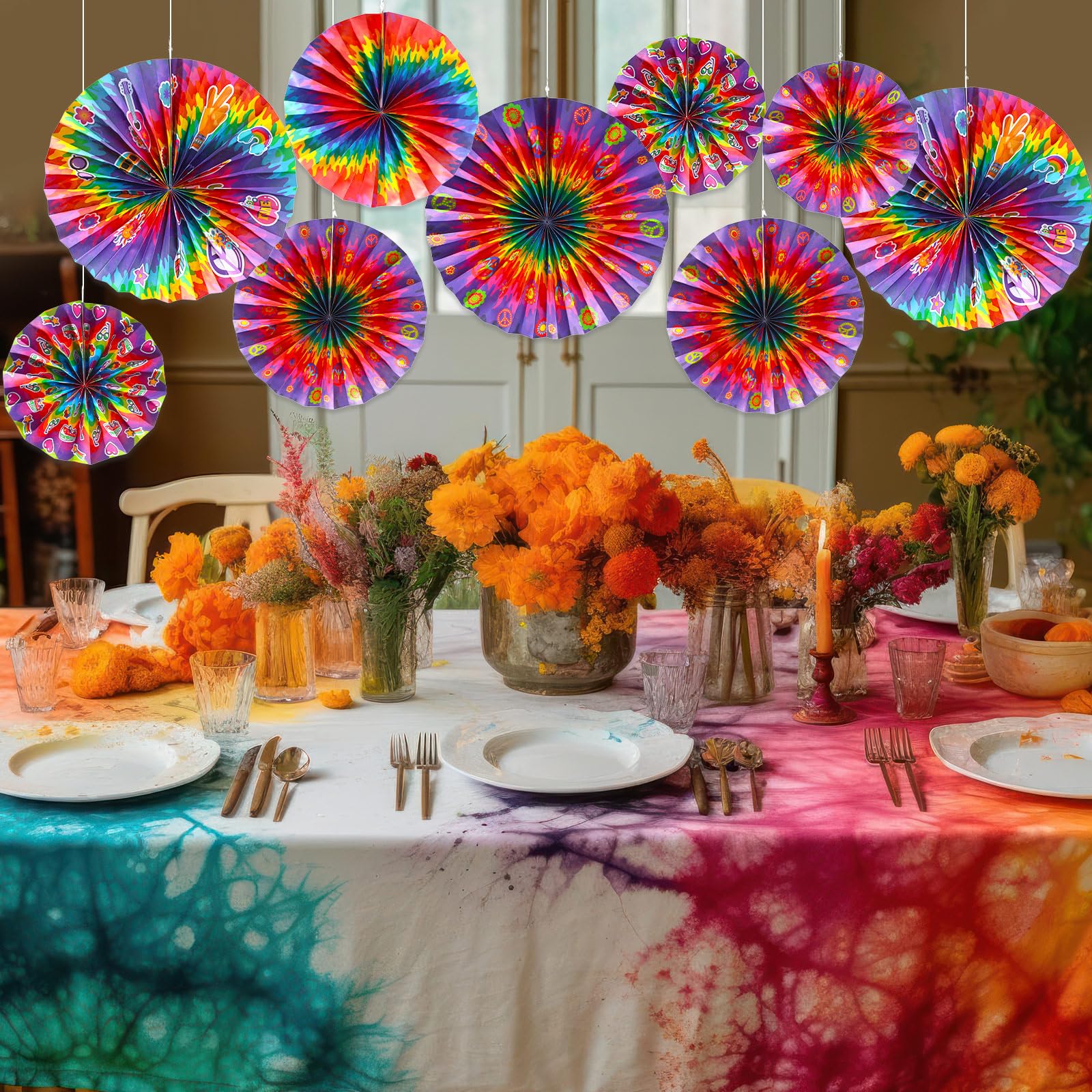 Outus 9 Pcs Tie Dye Party Supplies Groovy Hippie Hanging Paper Fans Classroom Decoration 60s Party Hanging Decoration Peace and Love Sign for Carnival Hippie Groovy Theme Birthday Party Ceiling