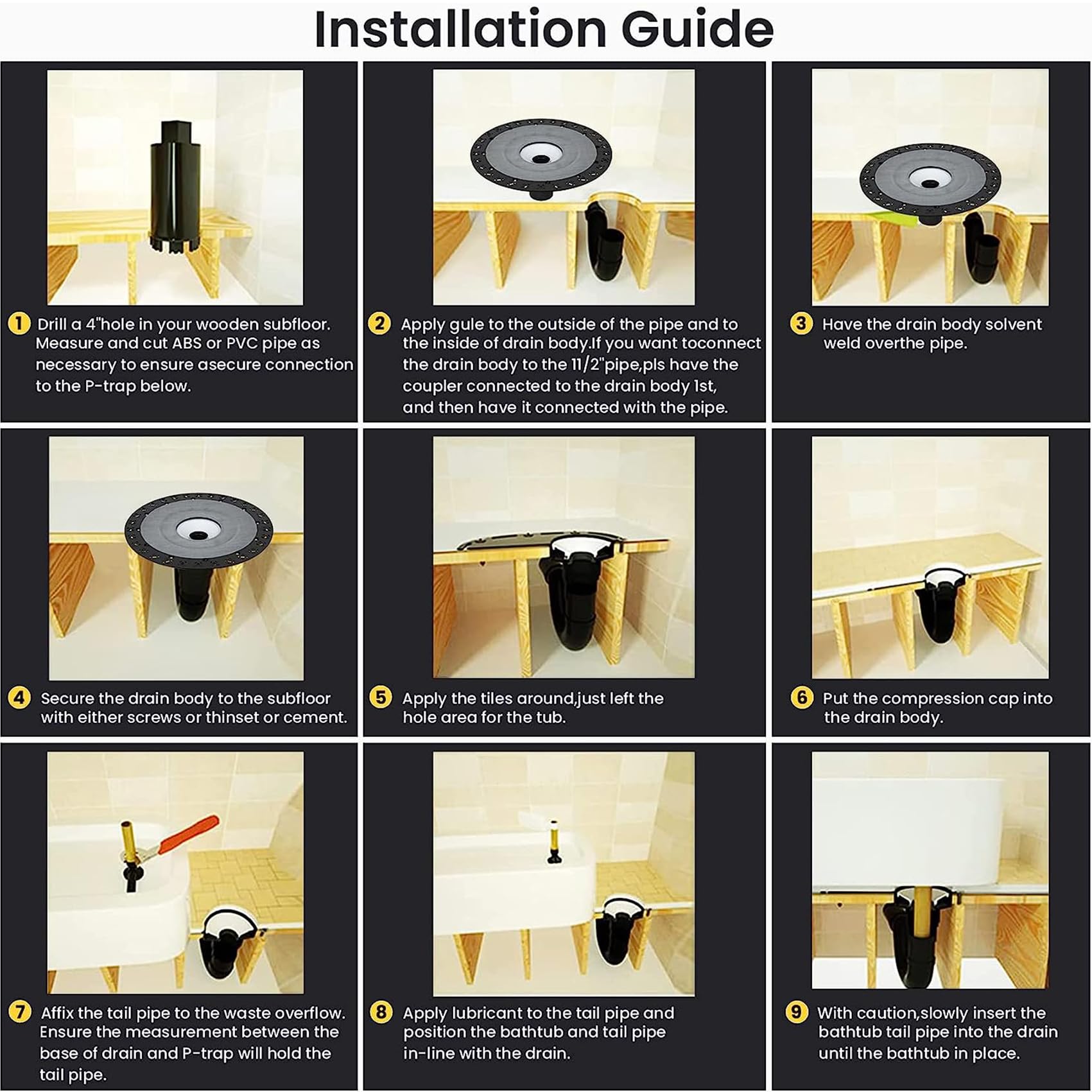 FERUERW Freestanding Bathtub Drain, Freestanding Tub Drain Rough-in Kit, Easy Freestanding Bathtub Drain Mounting Kit with ABS Plastic Adapter and Brass Liner